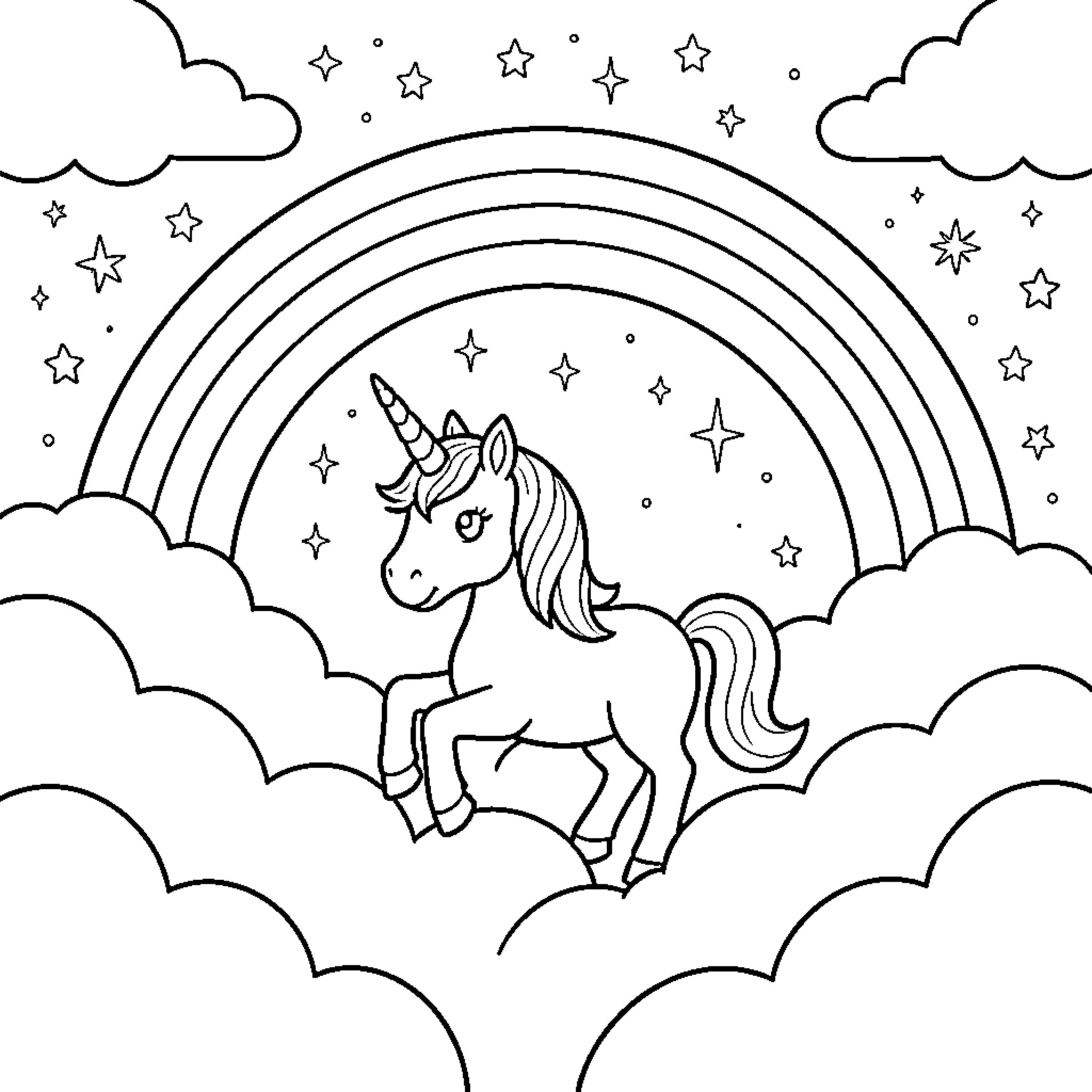 Unicorn under a starry rainbow sky Coloring Page (free black-and-white line drawing printable PDF for all, from beginners to advanced learners, including children, teens, adults, and seniors)