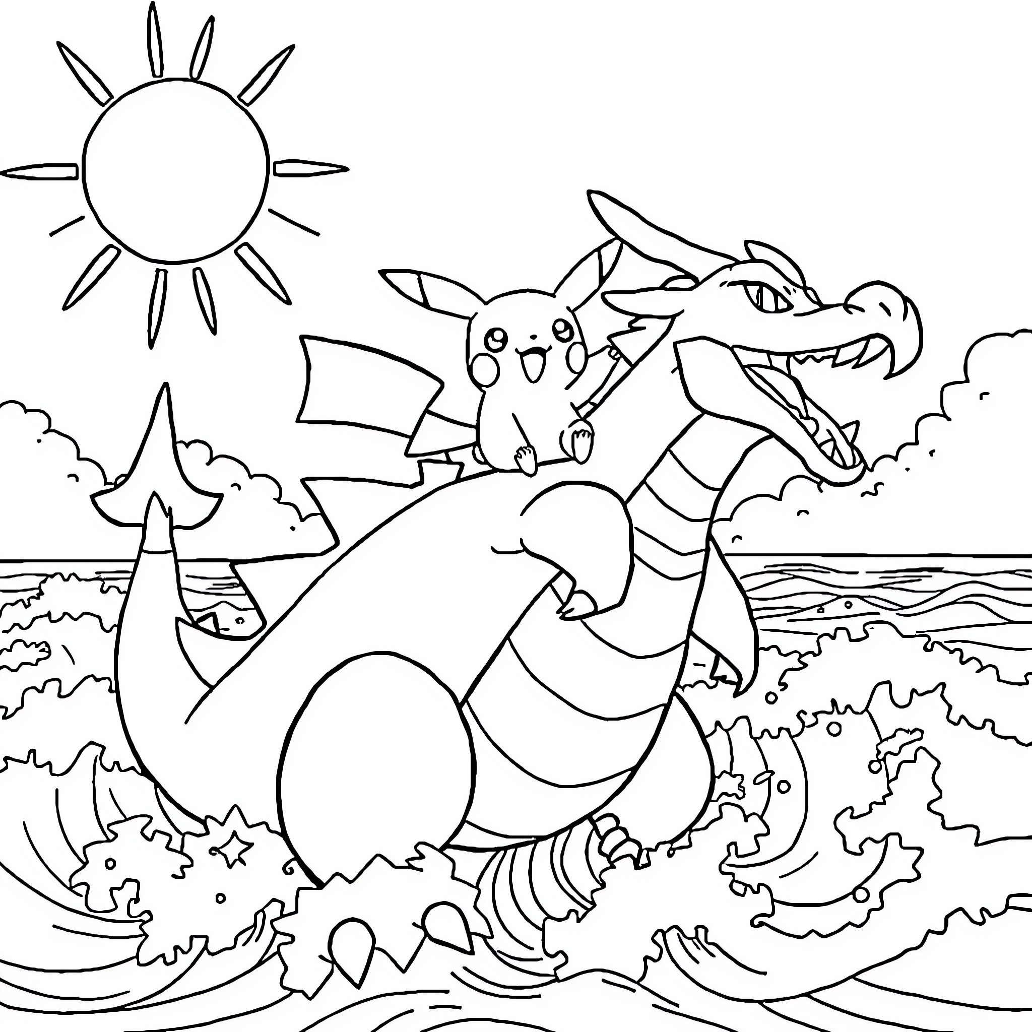 Pikachu riding a majestic dragon in a sunny landscape Coloring Page (free black-and-white line drawing printable PDF for all, from beginners to advanced learners, including children, teens, adults, and seniors)
