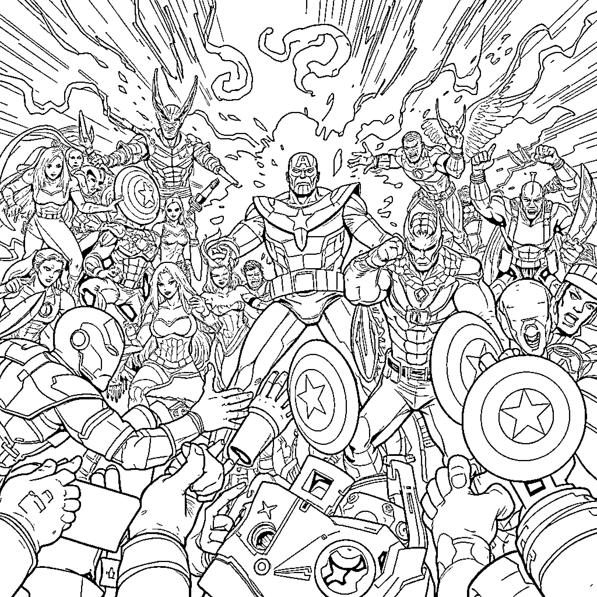 Avenger Assemble: Epic Heroic Clash of Iconic Superheroes Coloring Page (free black-and-white line drawing printable PDF for all, from beginners to advanced learners, including children, teens, adults, and seniors)