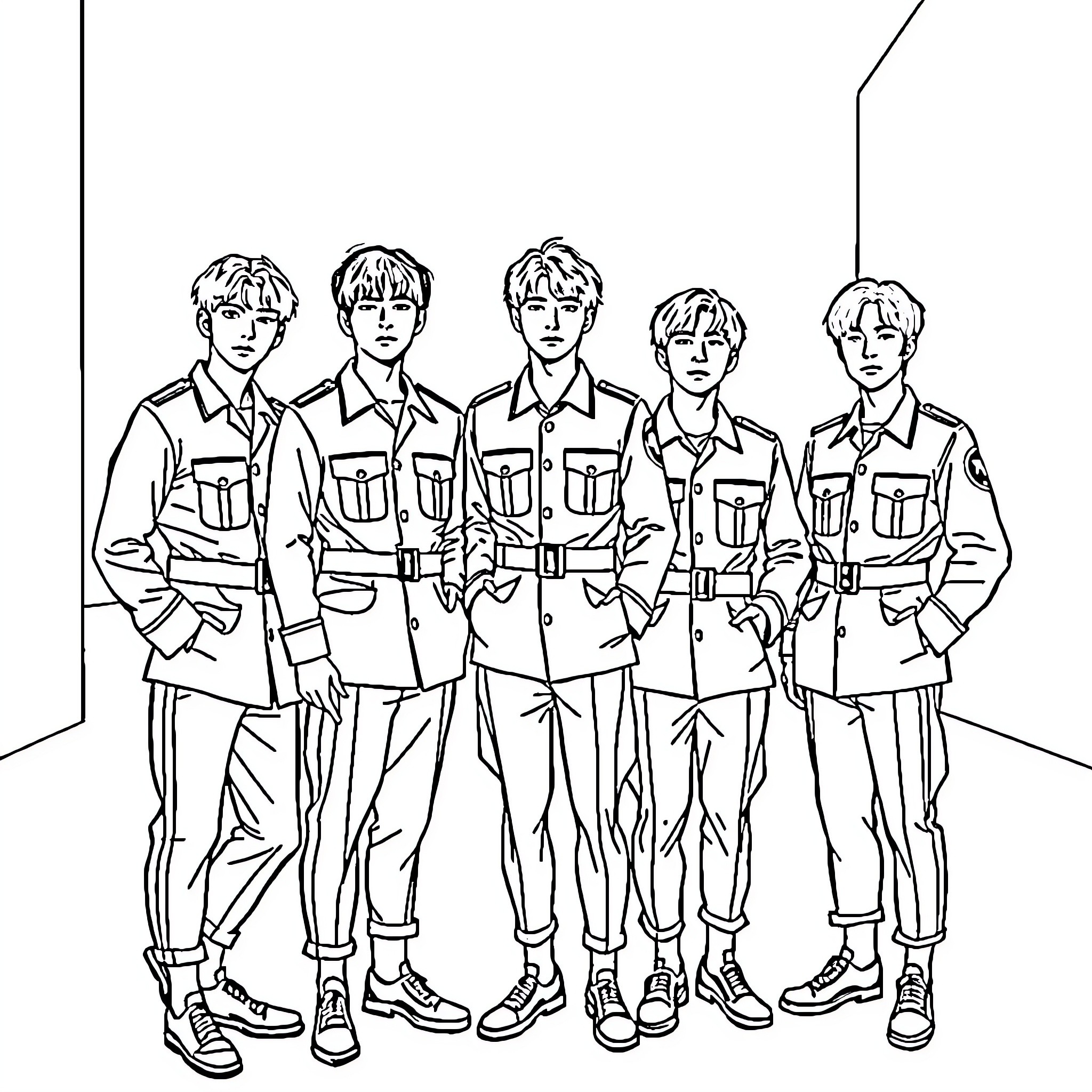 BTS Members in Uniform Posing Together Coloring Page (free black-and-white line drawing printable PDF for all, from beginners to advanced learners, including children, teens, adults, and seniors)