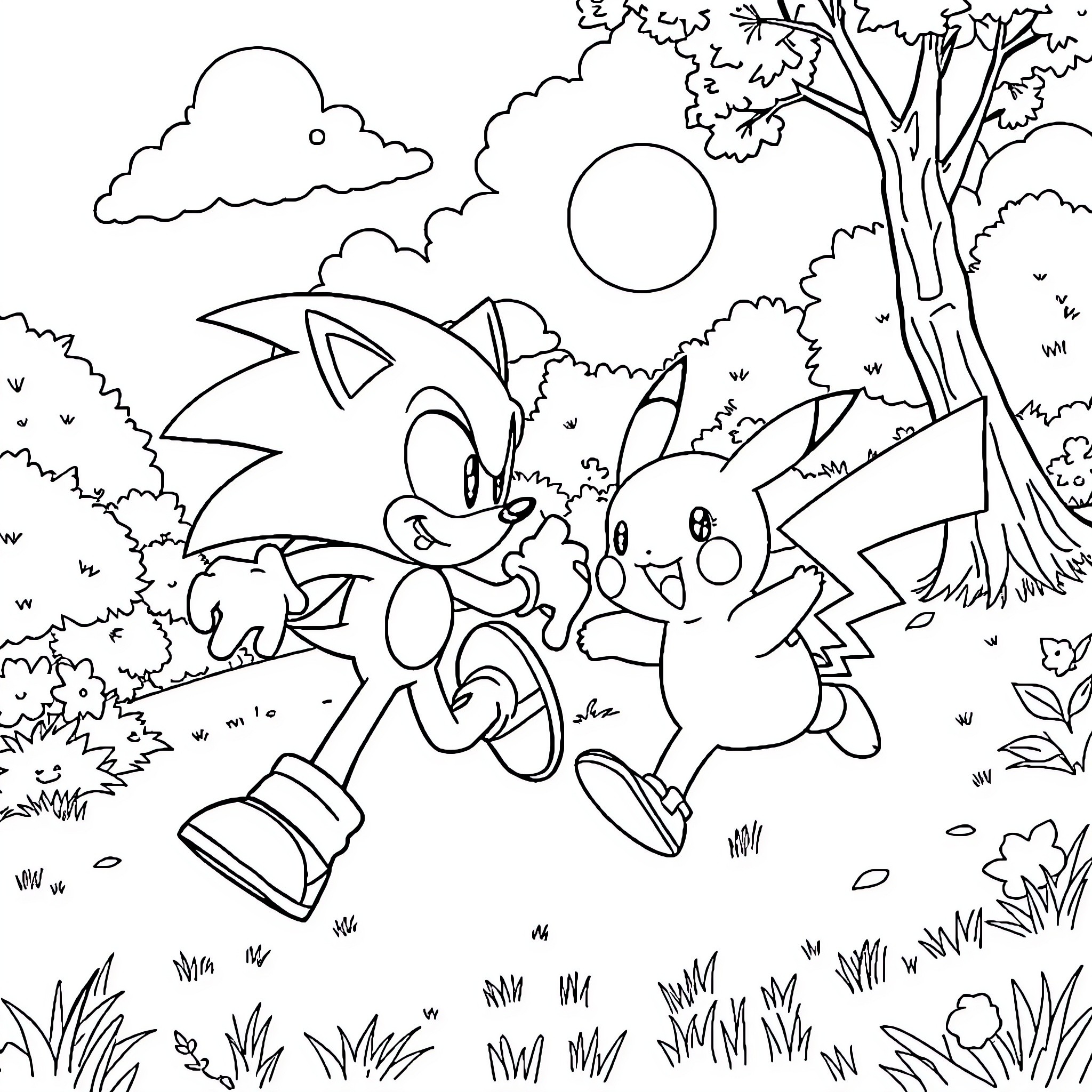 Sonic characters in an outdoor scene Coloring Page (free black-and-white line drawing printable PDF for all, from beginners to advanced learners, including children, teens, adults, and seniors)