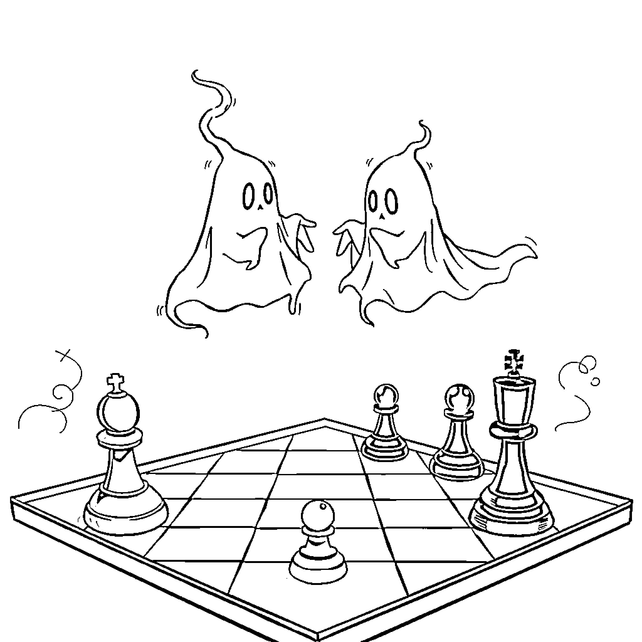 Ghost figures playing chess on a checkered board Coloring Page (free black-and-white line drawing printable PDF for all, from beginners to advanced learners, including children, teens, adults, and seniors)