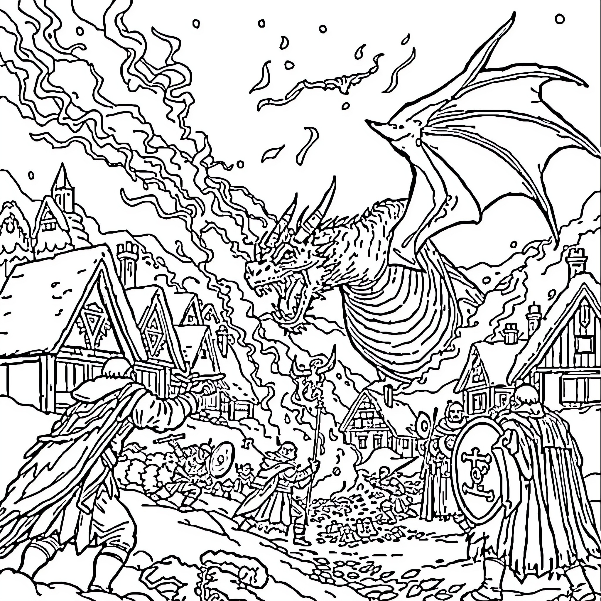 Dragon breathing fire over medieval fantasy town Coloring Page (free black-and-white line drawing printable PDF for all, from beginners to advanced learners, including children, teens, adults, and seniors)