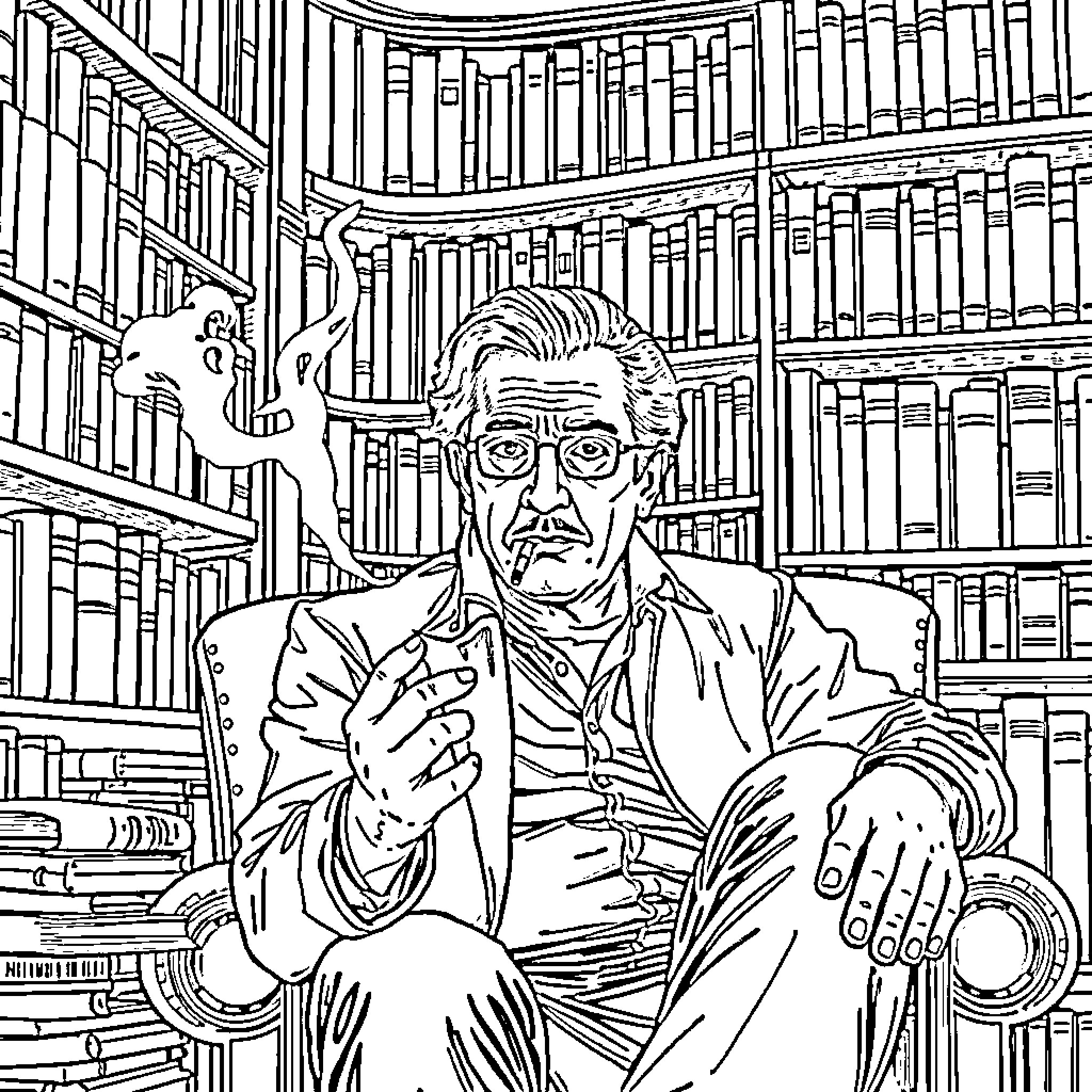Alan Rickman in a pensive study amongst bookshelves Coloring Page (free black-and-white line drawing printable PDF for all, from beginners to advanced learners, including children, teens, adults, and seniors)