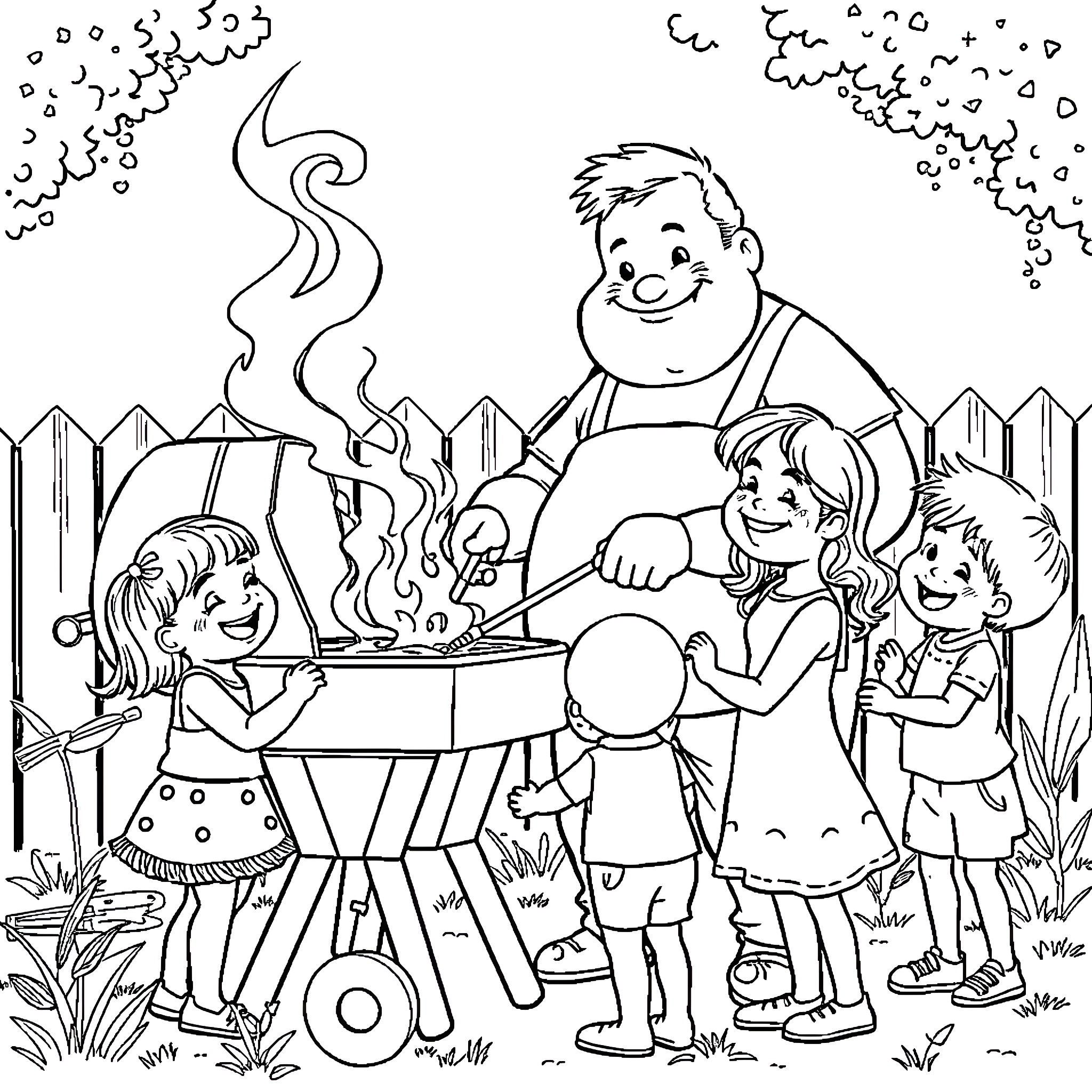 Father and children enjoying a barbecue in the park Coloring Page (free black-and-white line drawing printable PDF for all, from beginners to advanced learners, including children, teens, adults, and seniors)
