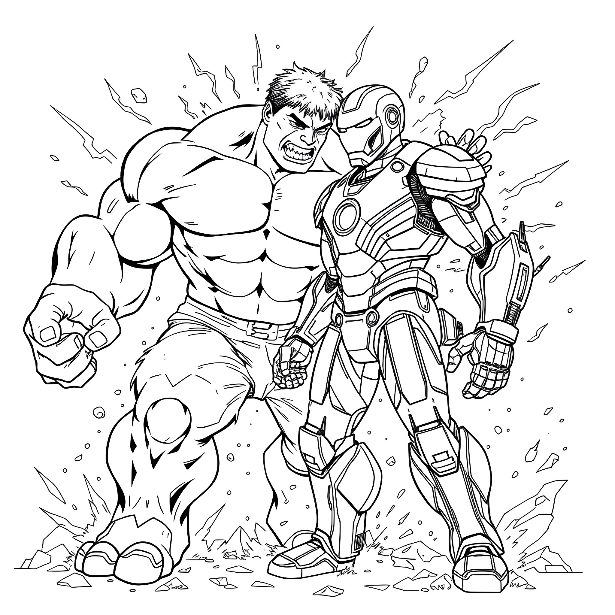 Hulk engaged in intense battle with futuristic warrior Coloring Page (free black-and-white line drawing printable PDF for all, from beginners to advanced learners, including children, teens, adults, and seniors)