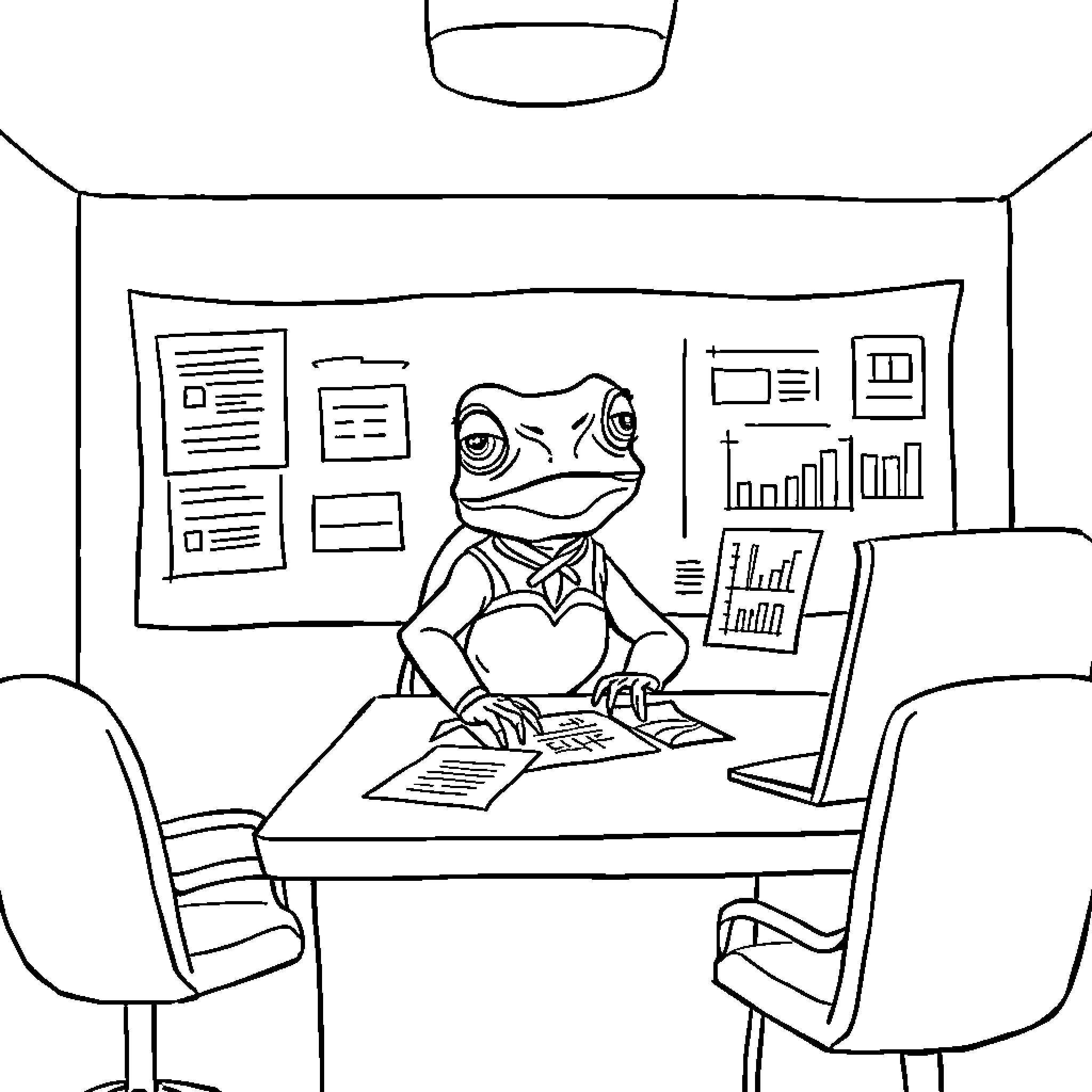 Chameleon working diligently at desk in office Coloring Page (free black-and-white line drawing printable PDF for all, from beginners to advanced learners, including children, teens, adults, and seniors)