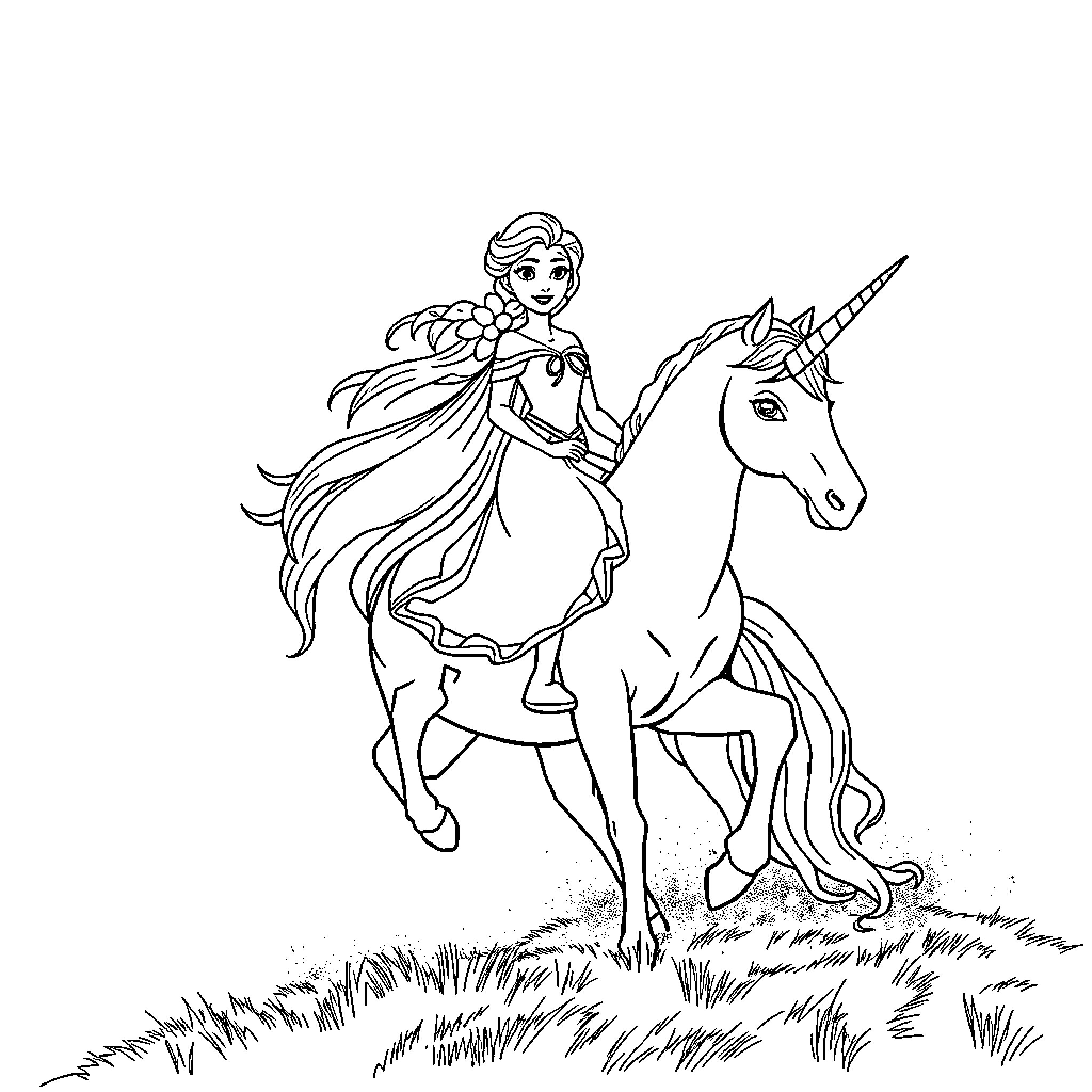 Elsa riding a unicorn through the meadow Coloring Page (free black-and-white line drawing printable PDF for all, from beginners to advanced learners, including children, teens, adults, and seniors)
