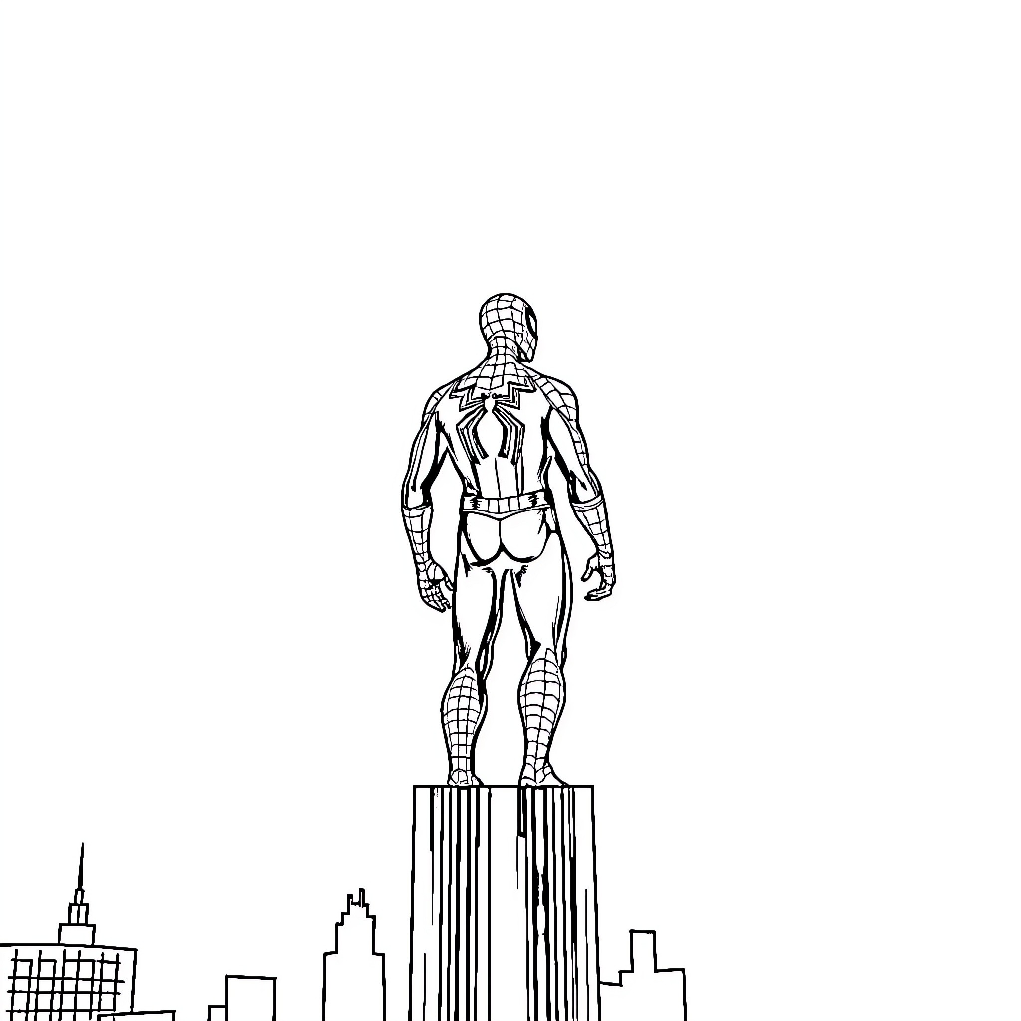 Spiderman standing tall over the city skyline Coloring Page (free black-and-white line drawing printable PDF for all, from beginners to advanced learners, including children, teens, adults, and seniors)