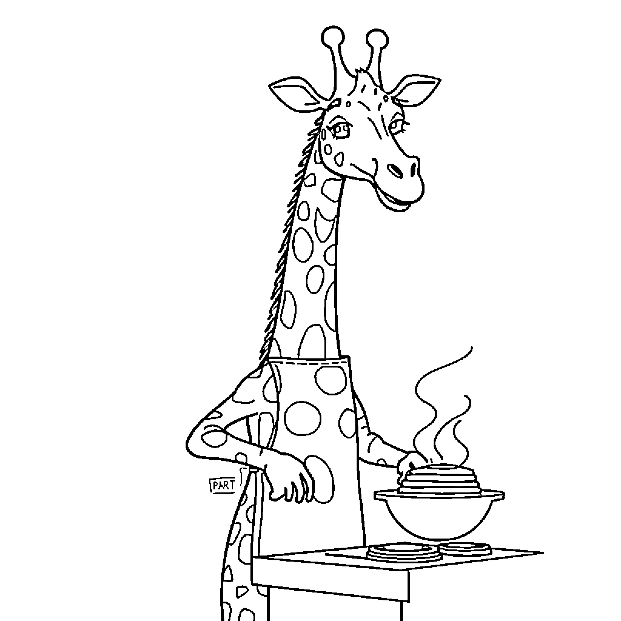 Giraffe cooking delicious meal in the kitchen Coloring Page (free black-and-white line drawing printable PDF for all, from beginners to advanced learners, including children, teens, adults, and seniors)
