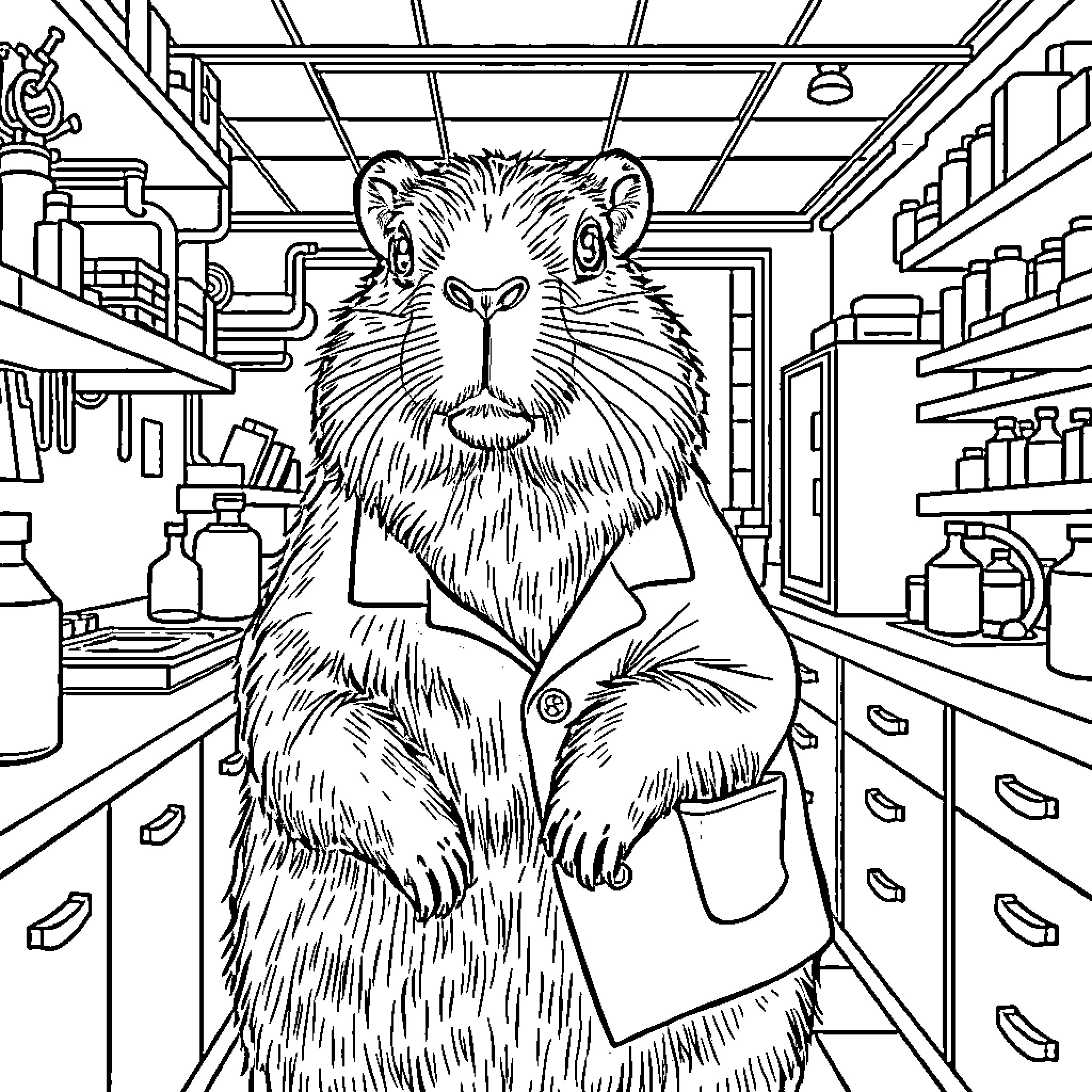 Capibara in a Whimsical Laboratory Setting Coloring Page (free black-and-white line drawing printable PDF for all, from beginners to advanced learners, including children, teens, adults, and seniors)