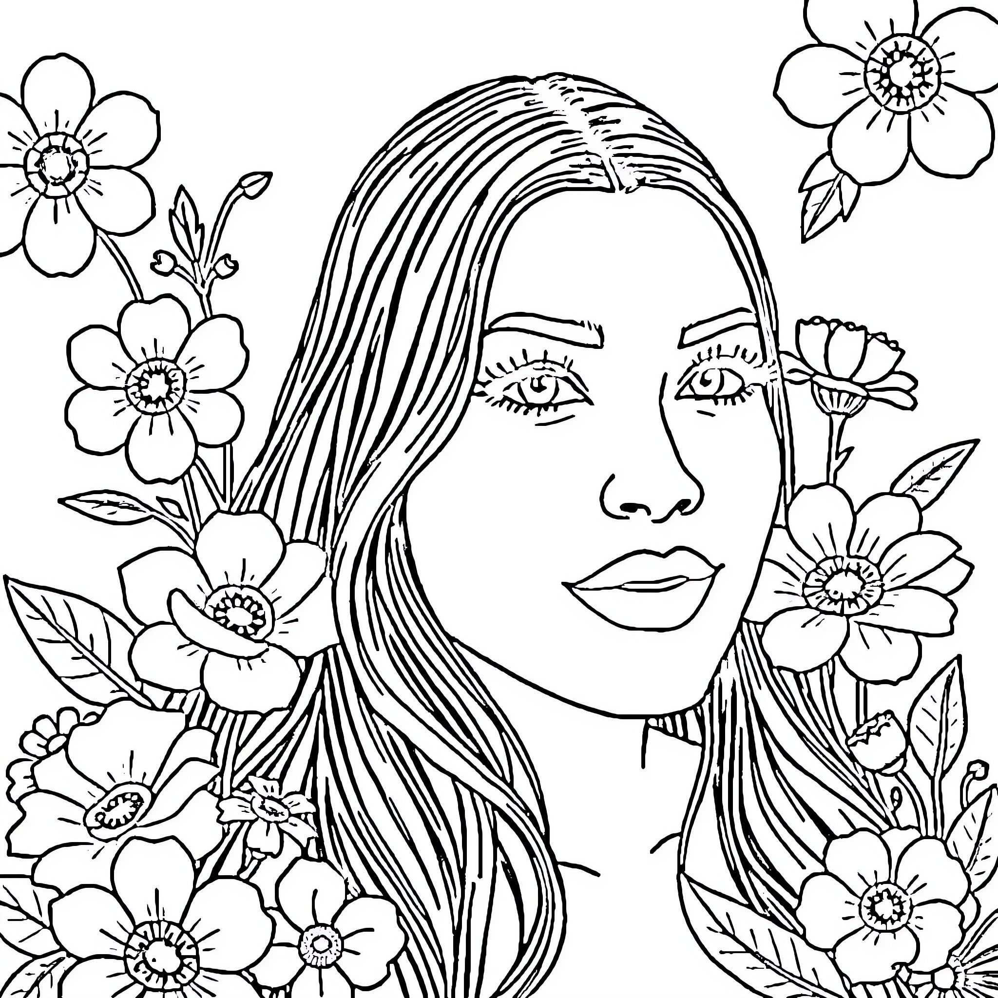 Nikki Bella surrounded by whimsical floral elements Coloring Page (free black-and-white line drawing printable PDF for all, from beginners to advanced learners, including children, teens, adults, and seniors)
