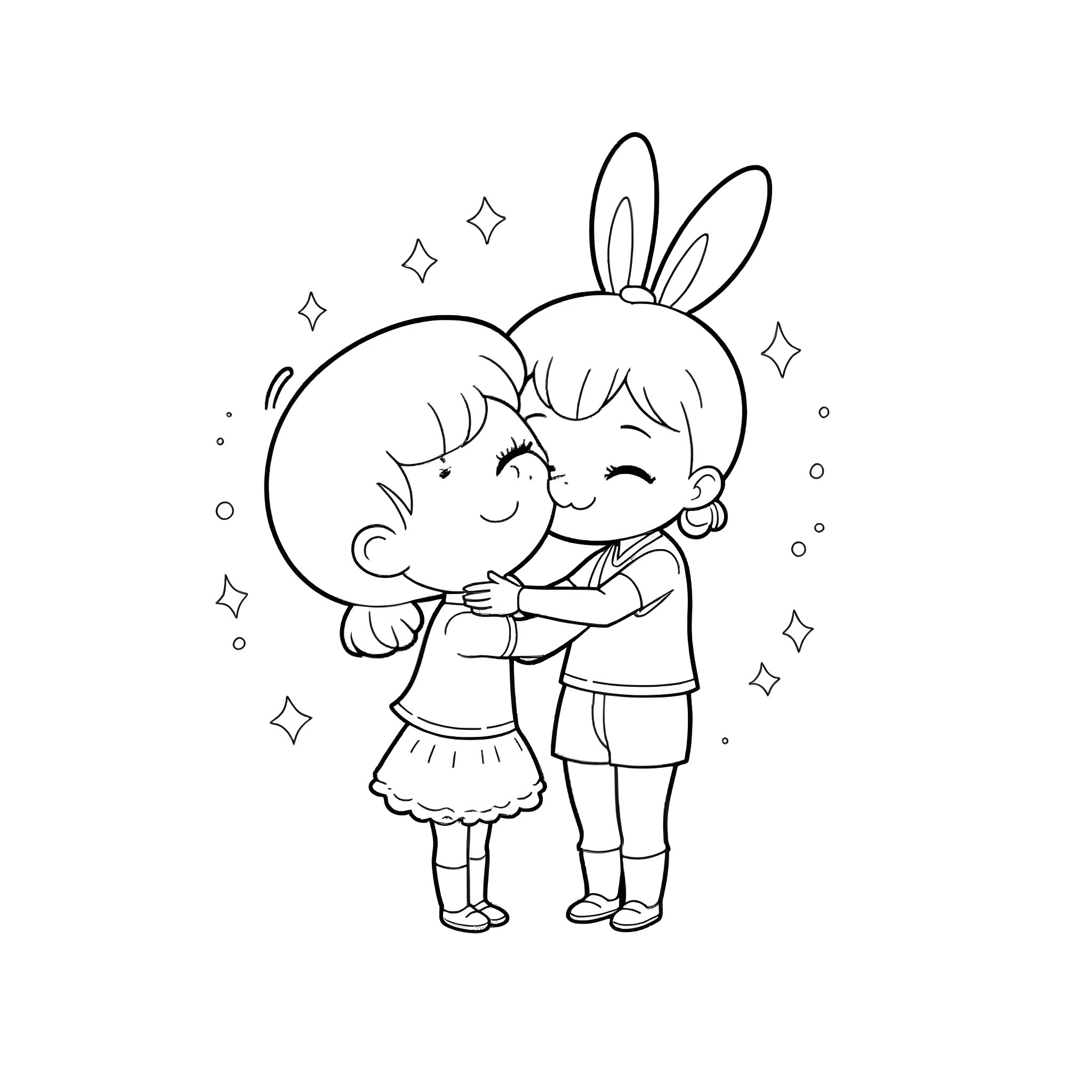 Nobita and Shizuka in a warm embrace Coloring Page (free black-and-white line drawing printable PDF for all, from beginners to advanced learners, including children, teens, adults, and seniors)