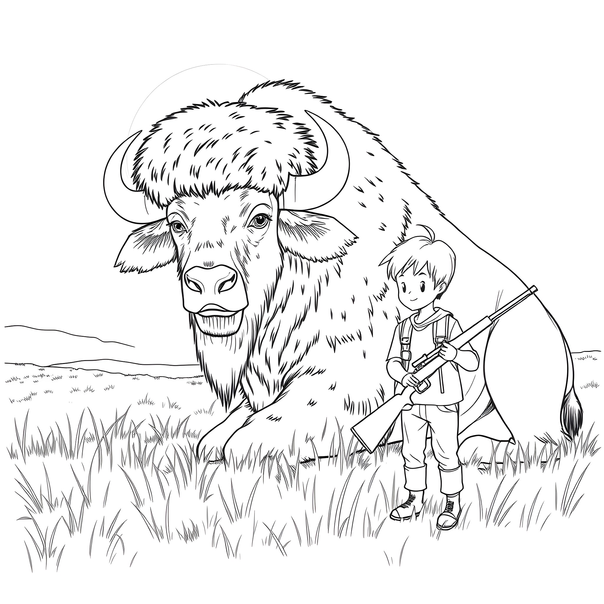 Buffalo and young explorer in the wilderness Coloring Page (free black-and-white line drawing printable PDF for all, from beginners to advanced learners, including children, teens, adults, and seniors)
