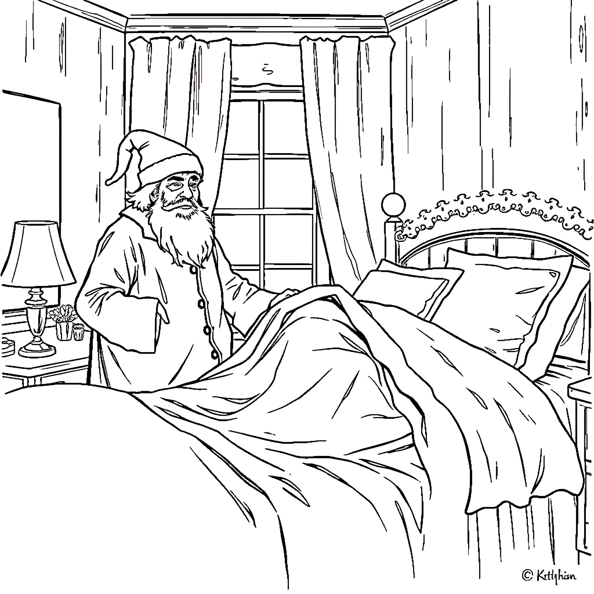 Ebenezer Scrooge in a moment of reflection Coloring Page (free black-and-white line drawing printable PDF for all, from beginners to advanced learners, including children, teens, adults, and seniors)