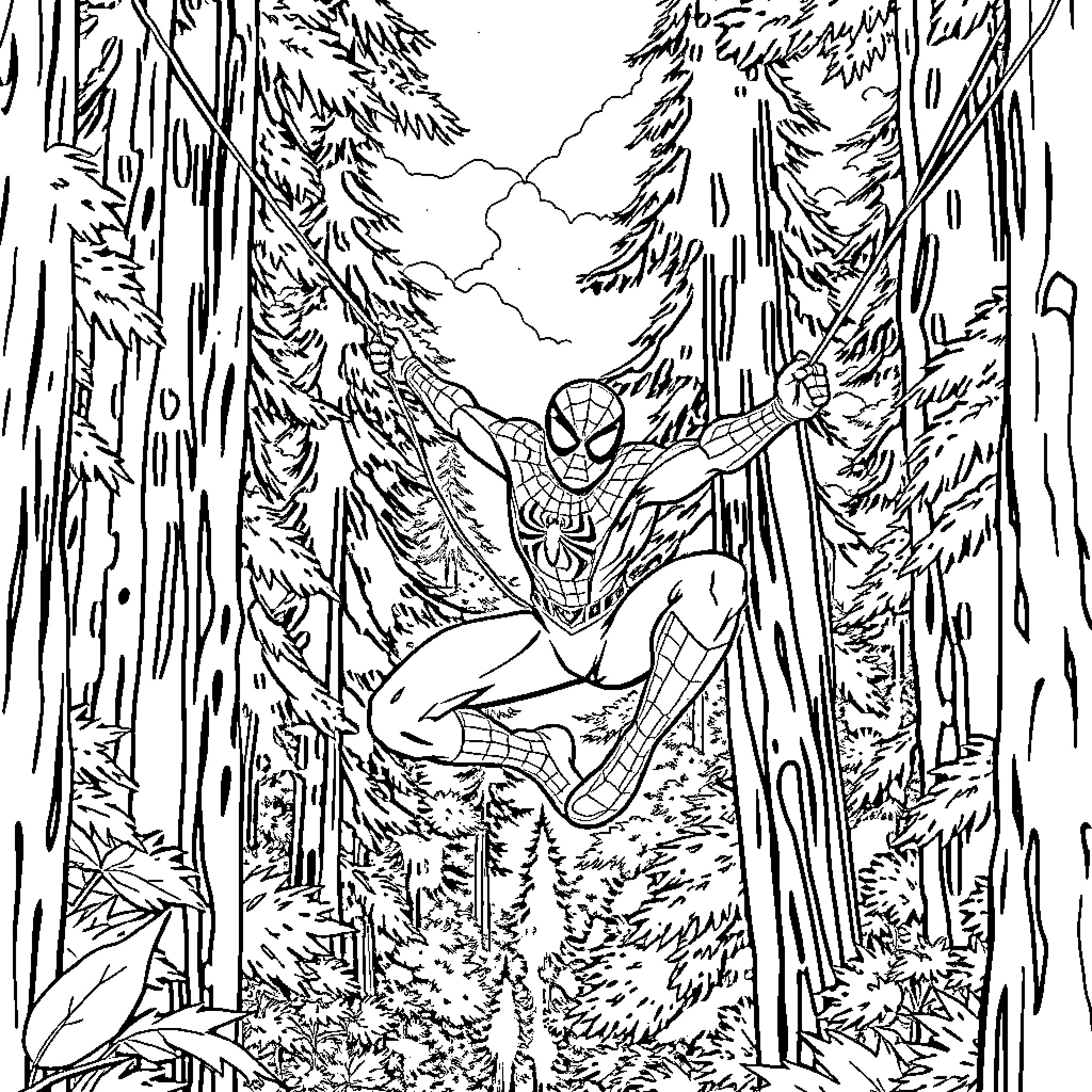 Spiderman swinging through the enchanted forest Coloring Page (free black-and-white line drawing printable PDF for all, from beginners to advanced learners, including children, teens, adults, and seniors)
