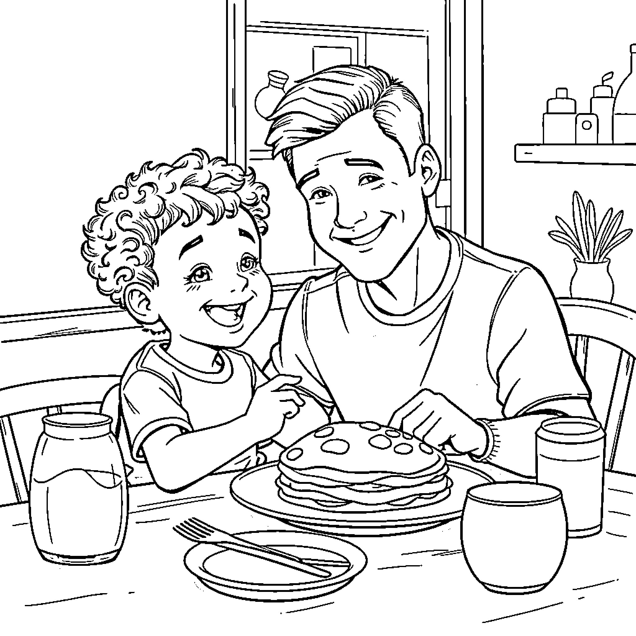Husband and child bonding over a meal Coloring Page (free black-and-white line drawing printable PDF for all, from beginners to advanced learners, including children, teens, adults, and seniors)