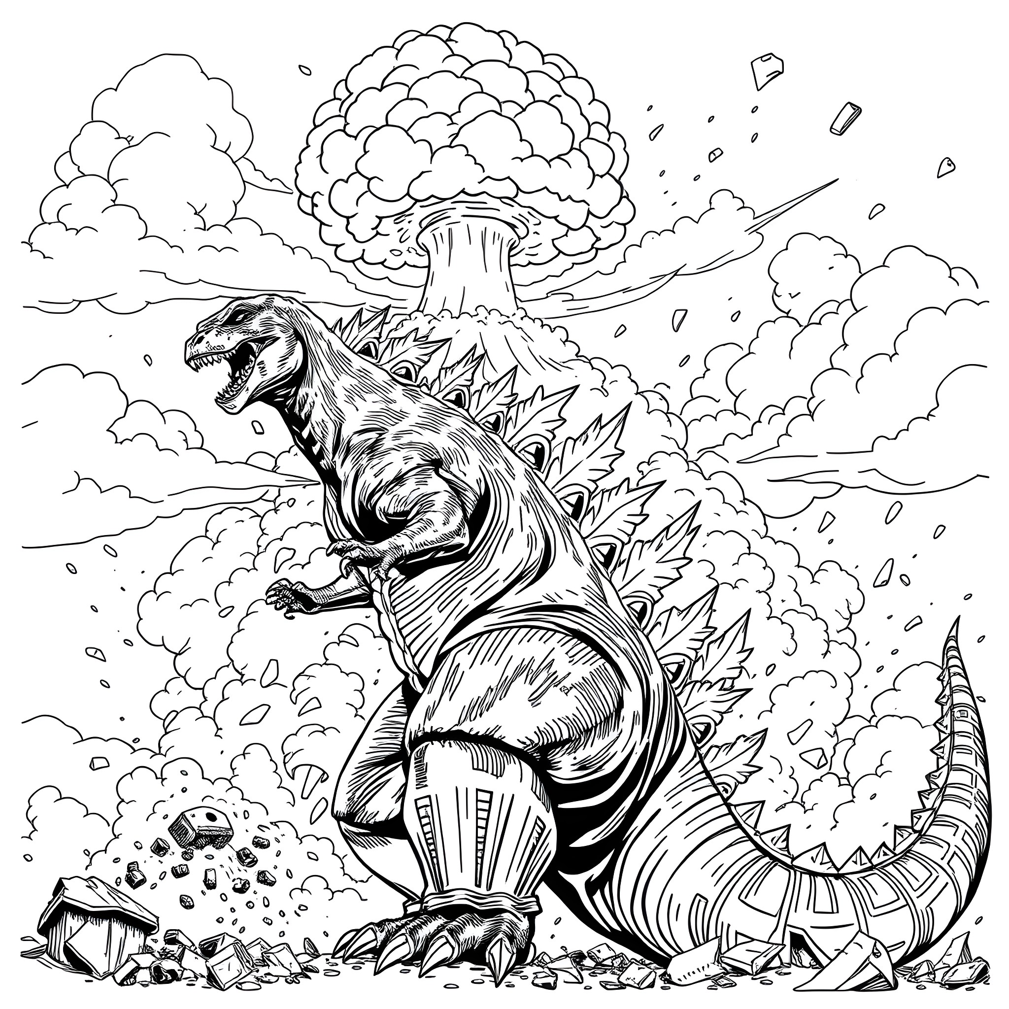 Godzilla rampaging through a destructive landscape Coloring Page (free black-and-white line drawing printable PDF for all, from beginners to advanced learners, including children, teens, adults, and seniors)