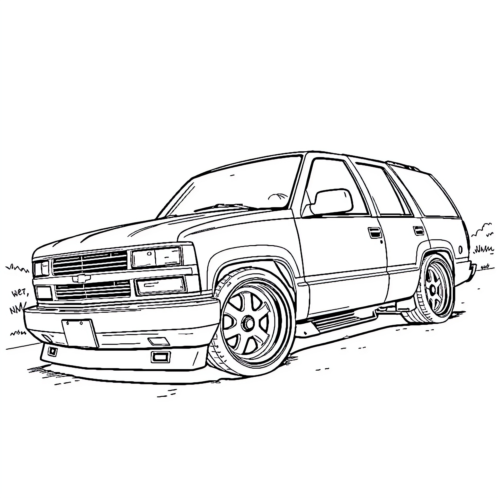 Tahoe SUV with customized wheels and body kit Coloring Page (free black-and-white line drawing printable PDF for all, from beginners to advanced learners, including children, teens, adults, and seniors)