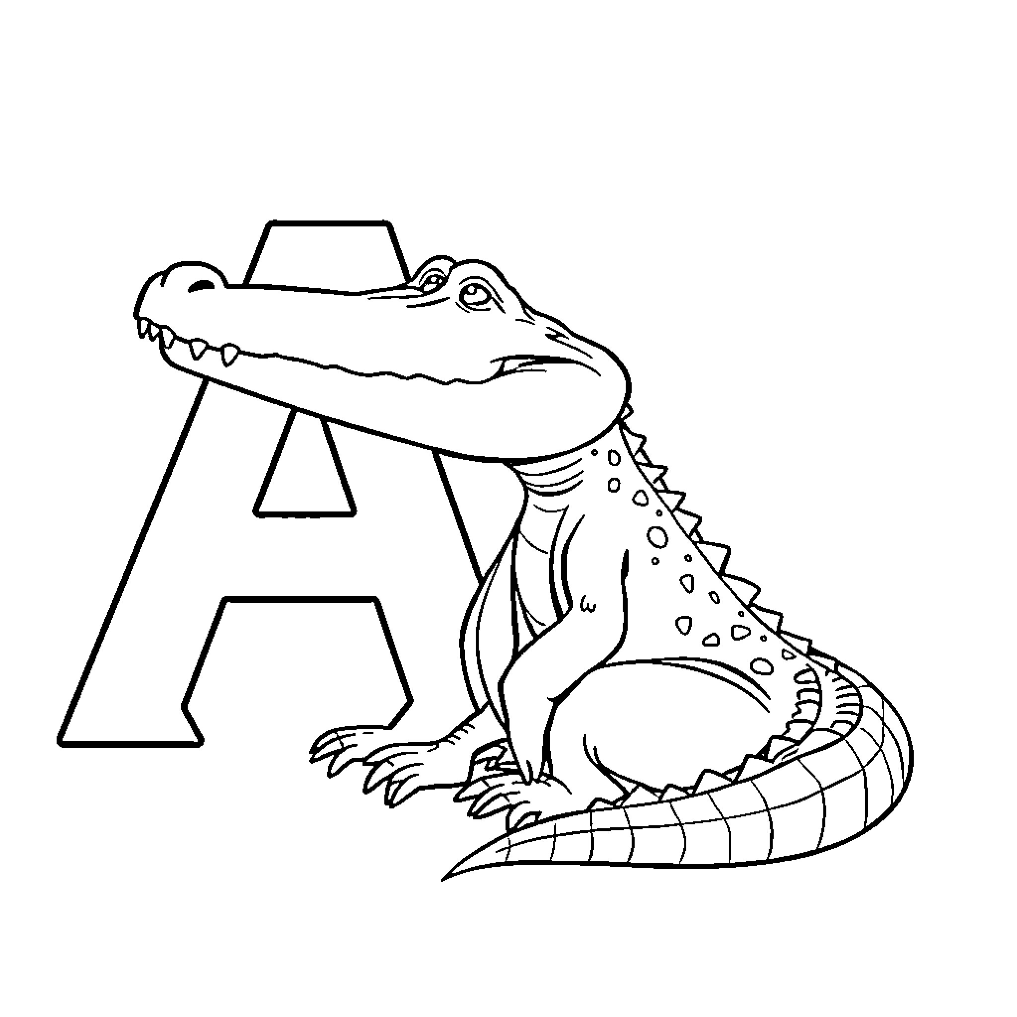 A Crocodile Holding Alphabet Letter Coloring Page (free black-and-white line drawing printable PDF for all, from beginners to advanced learners, including children, teens, adults, and seniors)