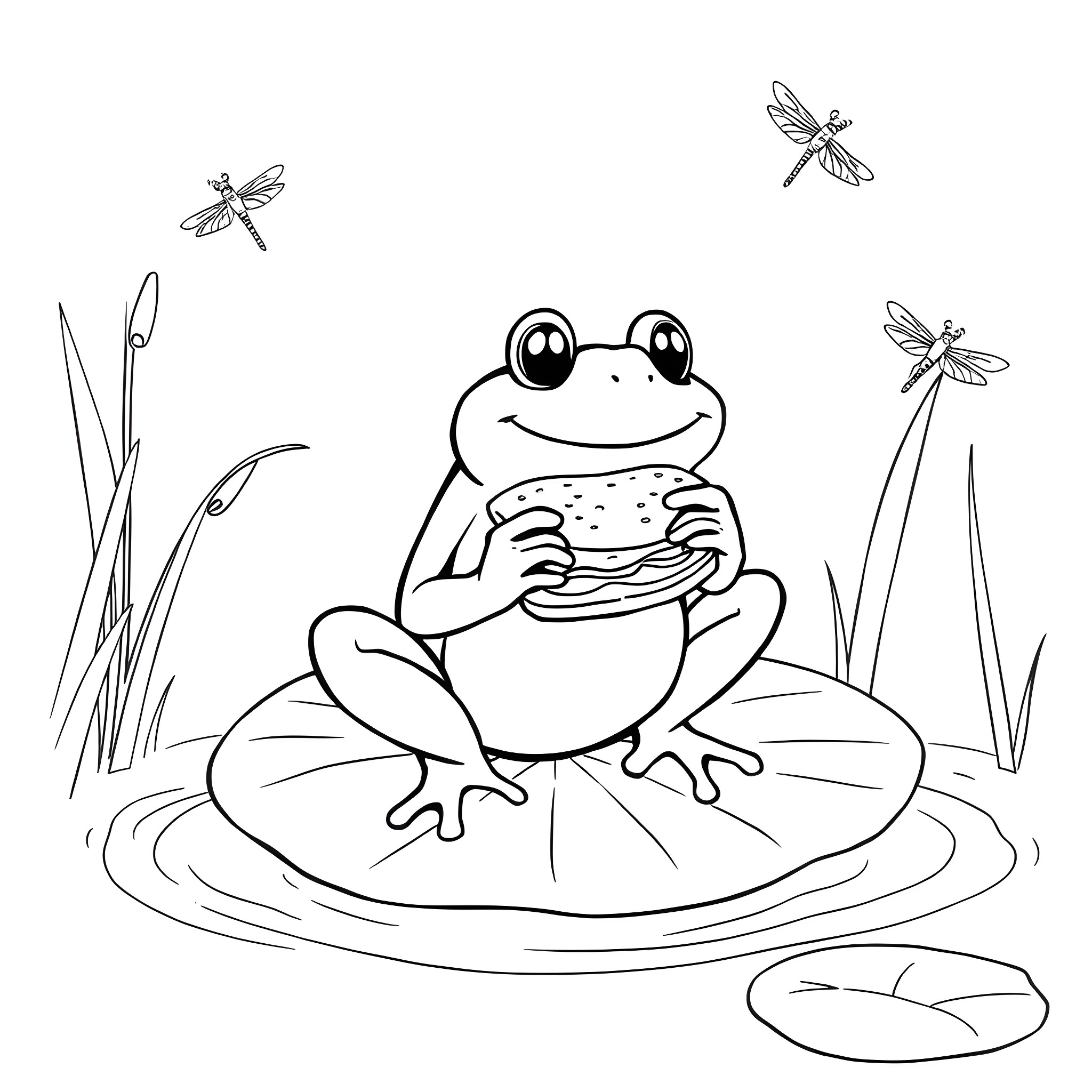 Frog sitting on lily pad with dragonflies Coloring Page (free black-and-white line drawing printable PDF for all, from beginners to advanced learners, including children, teens, adults, and seniors)