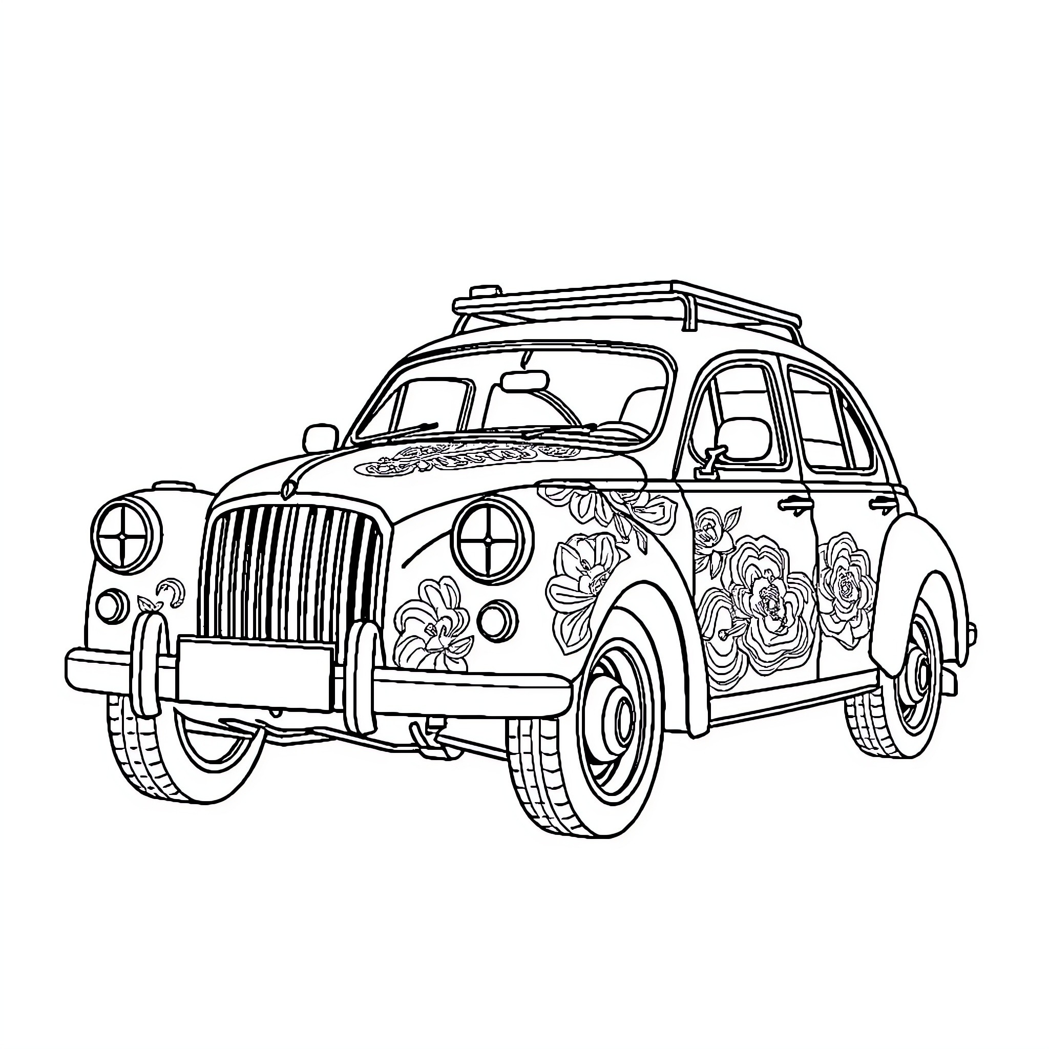 Lokomotif Vintage Car with Floral Patterns Coloring Page (free black-and-white line drawing printable PDF for all, from beginners to advanced learners, including children, teens, adults, and seniors)