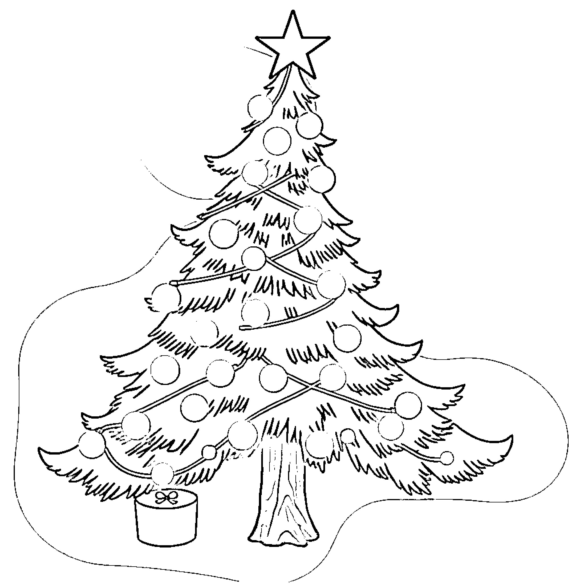 Christmas Tree Decorated with Ornaments Coloring Page (free black-and-white line drawing printable PDF for all, from beginners to advanced learners, including children, teens, adults, and seniors)