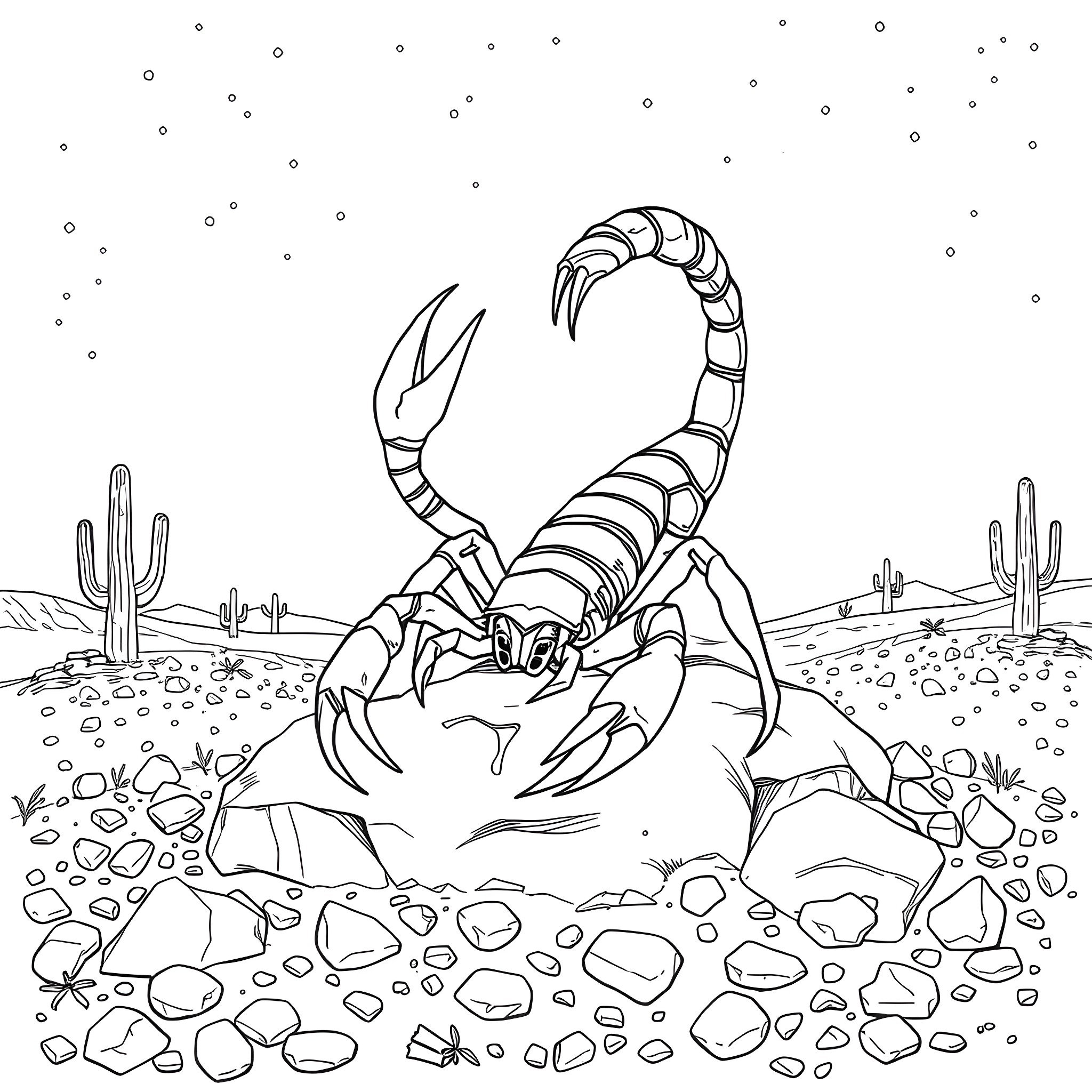 Scorpio scorpion in the desert landscape Coloring Page (free black-and-white line drawing printable PDF for all, from beginners to advanced learners, including children, teens, adults, and seniors)