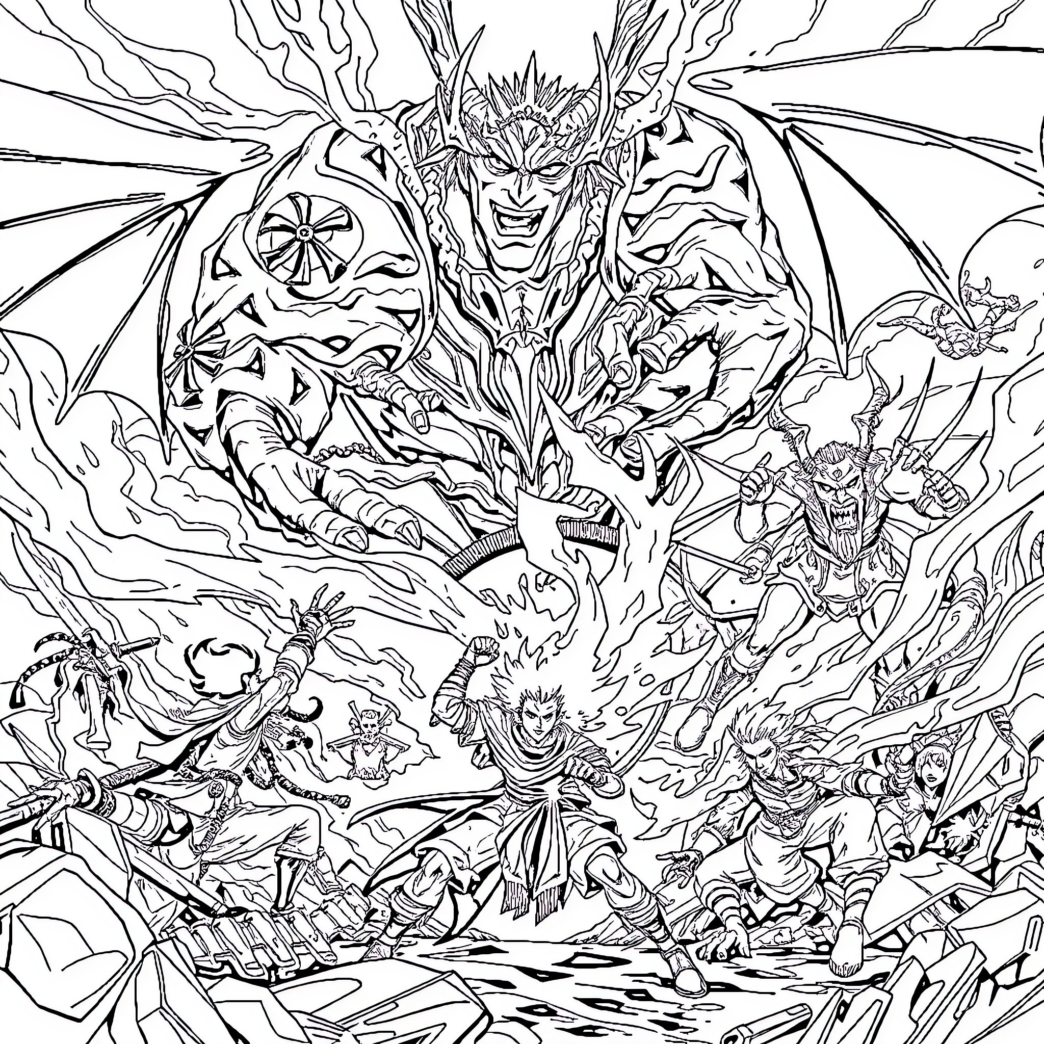 Demon Slayer: Intense Supernatural Battle Coloring Page (free black-and-white line drawing printable PDF for all, from beginners to advanced learners, including children, teens, adults, and seniors)