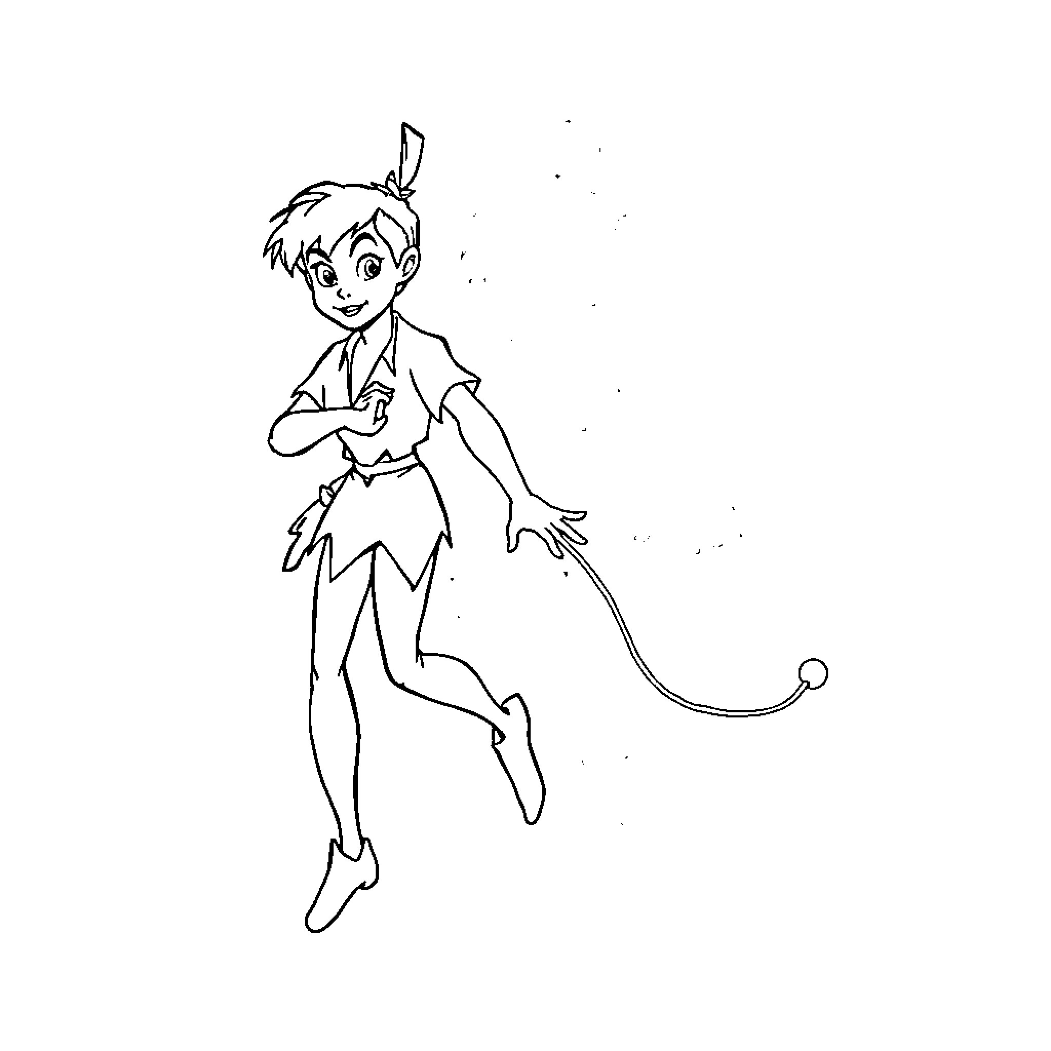 Peter Pan flying and adventuring with pixie dust Coloring Page (free black-and-white line drawing printable PDF for all, from beginners to advanced learners, including children, teens, adults, and seniors)