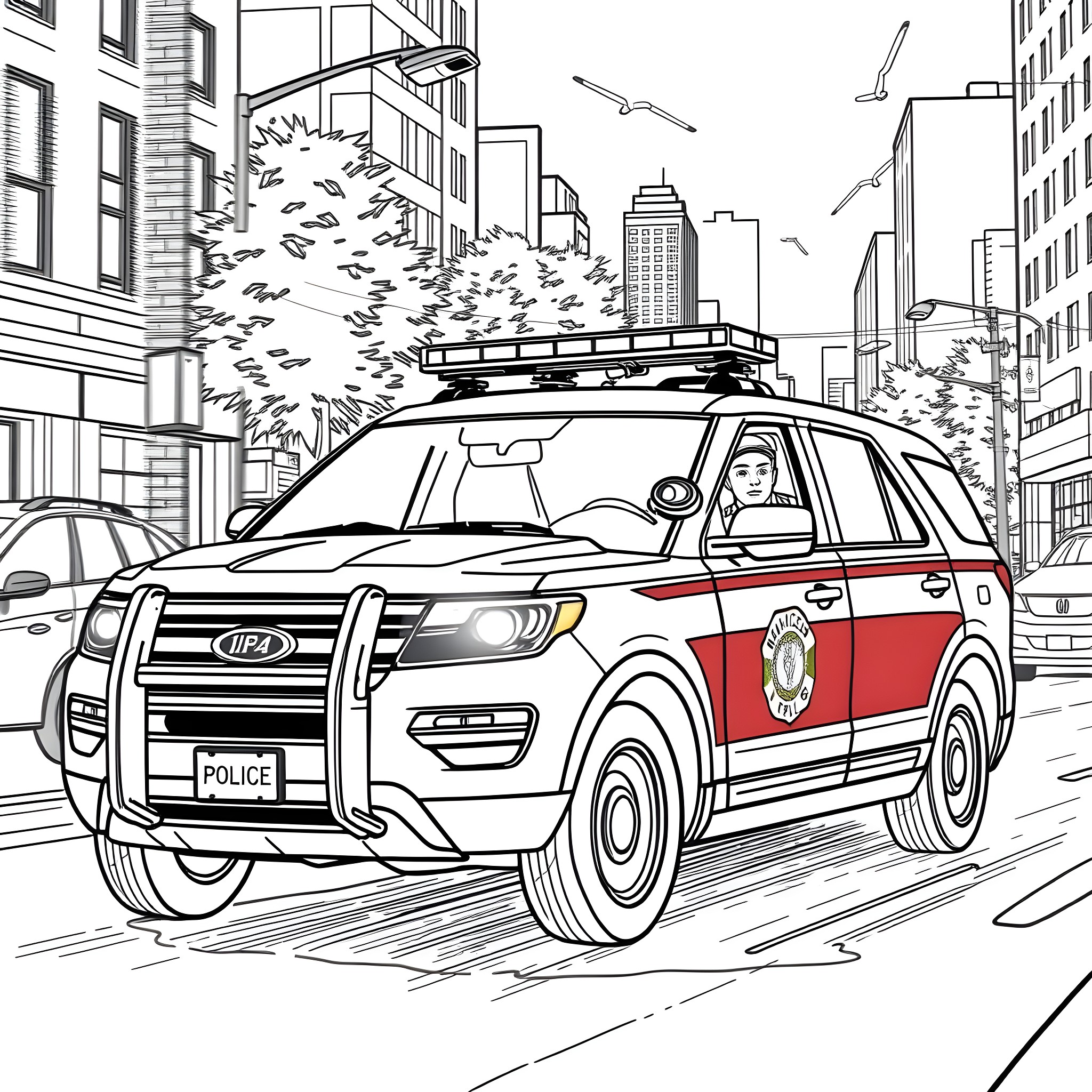 Police SUV on patrol in the city Coloring Page (free black-and-white line drawing printable PDF for all, from beginners to advanced learners, including children, teens, adults, and seniors)