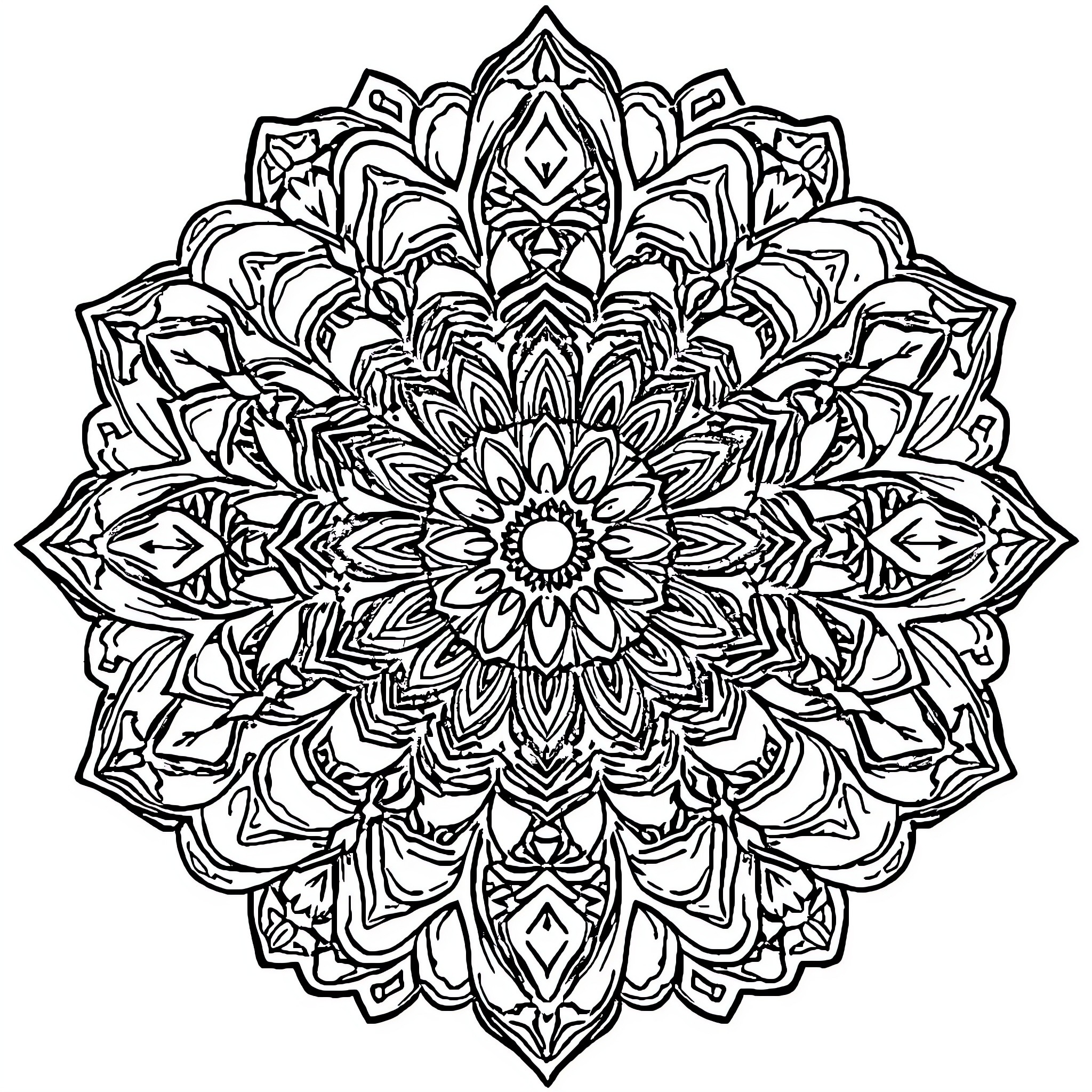 Mandalas featuring intricate symmetrical patterns Coloring Page (free black-and-white line drawing printable PDF for all, from beginners to advanced learners, including children, teens, adults, and seniors)