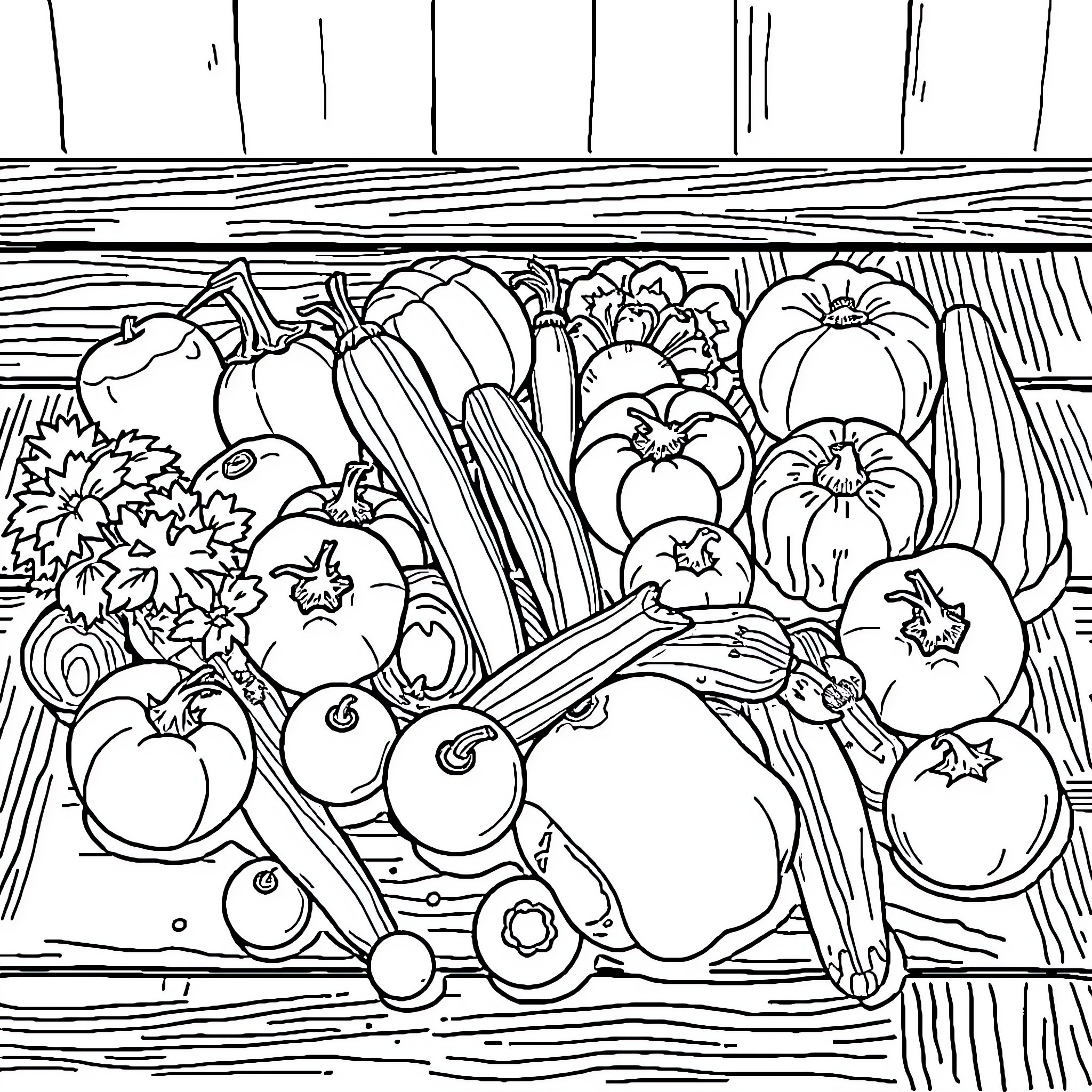Vegetable Harvest Bounty on Wooden Surface Coloring Page (free black-and-white line drawing printable PDF for all, from beginners to advanced learners, including children, teens, adults, and seniors)