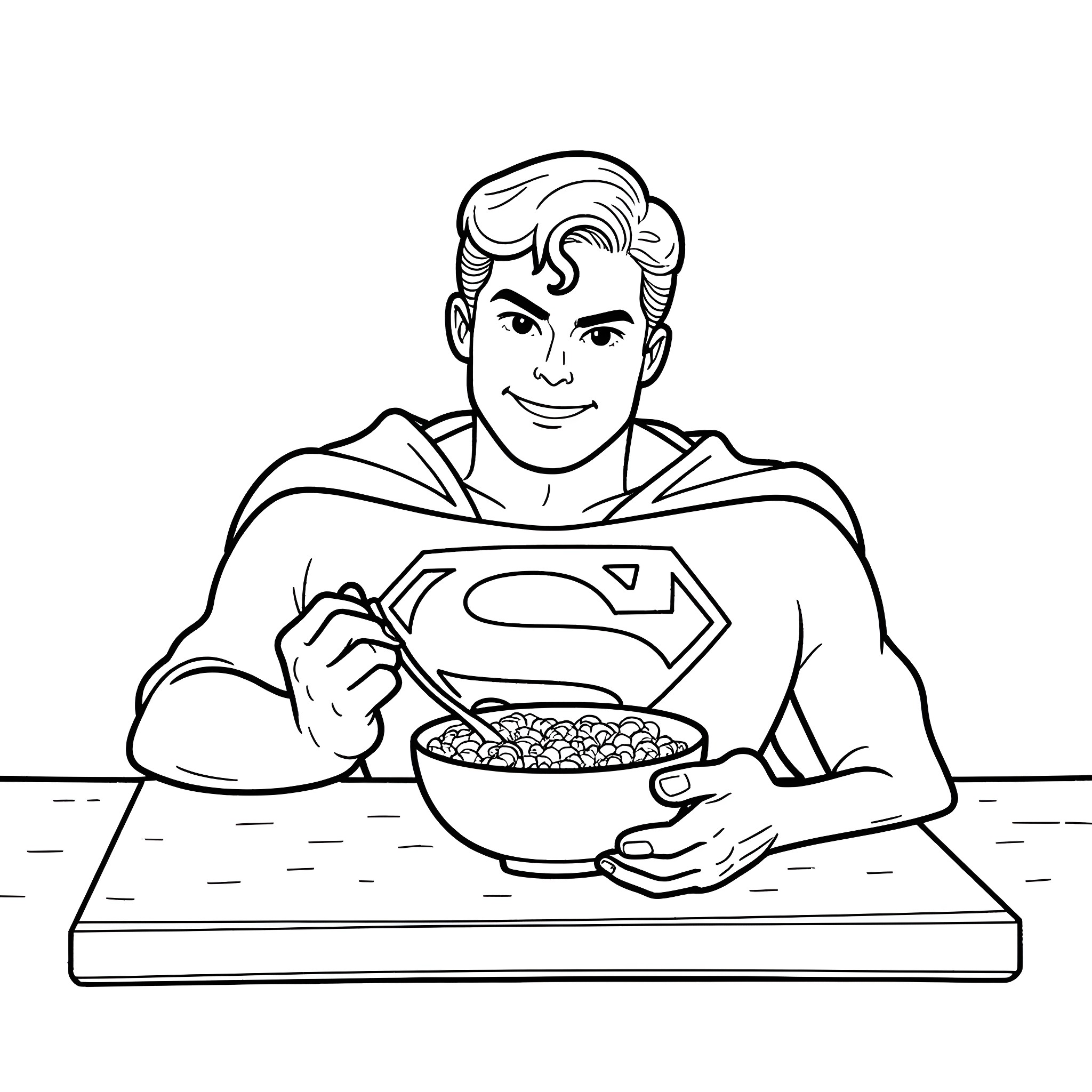 Superman enjoys a hearty breakfast Coloring Page (free black-and-white line drawing printable PDF for all, from beginners to advanced learners, including children, teens, adults, and seniors)