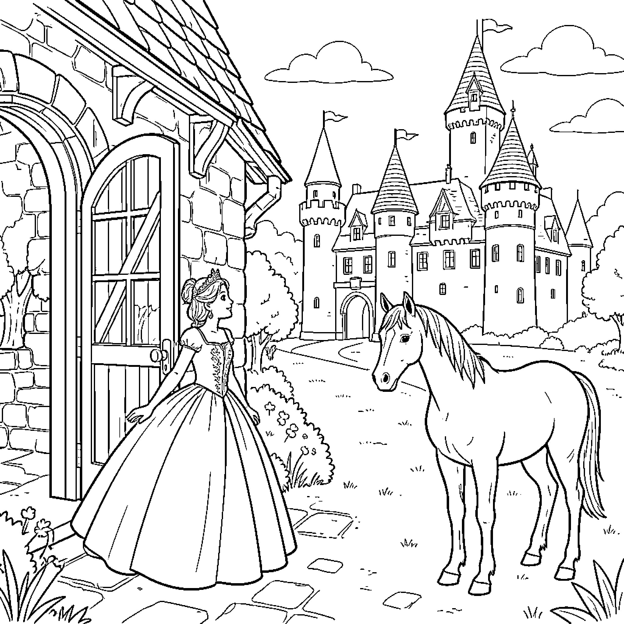 Princess in ballgown standing near a horse Coloring Page (free black-and-white line drawing printable PDF for all, from beginners to advanced learners, including children, teens, adults, and seniors)