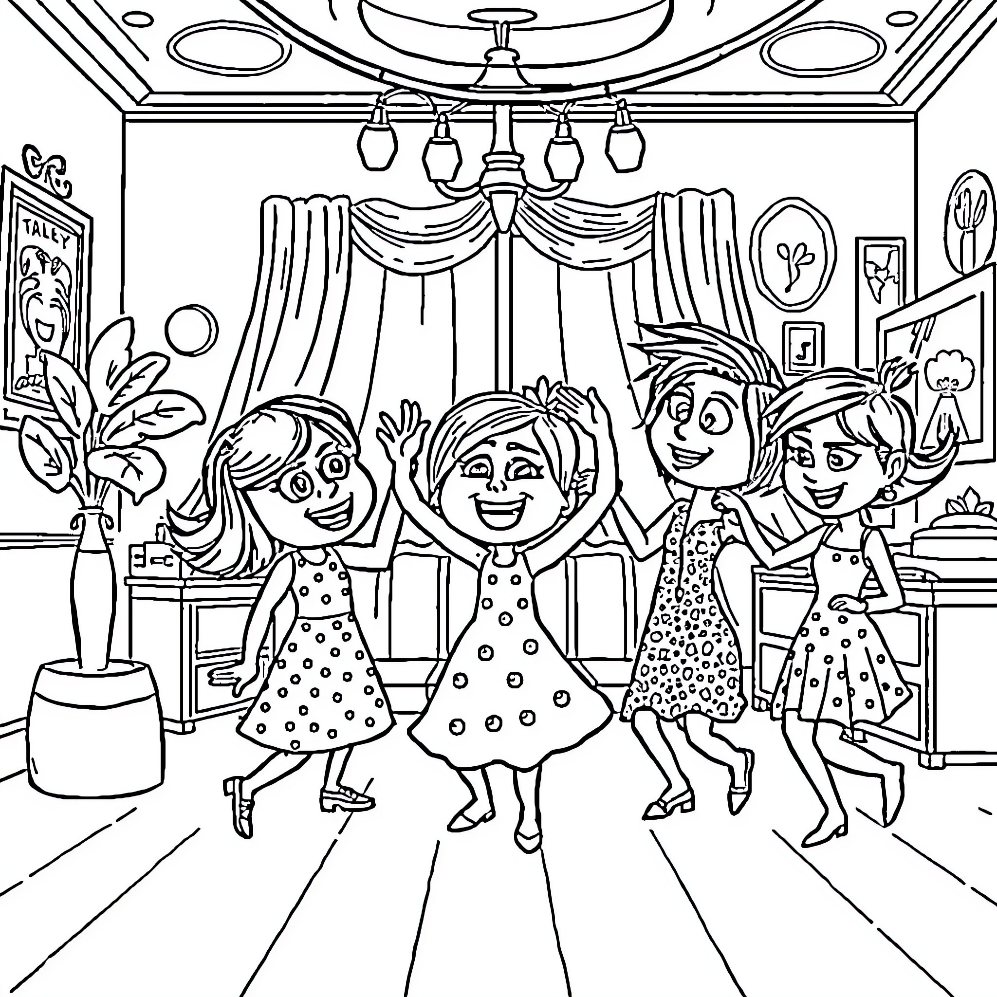 Character Celebration in Decorated Room Coloring Page (free black-and-white line drawing printable PDF for all, from beginners to advanced learners, including children, teens, adults, and seniors)