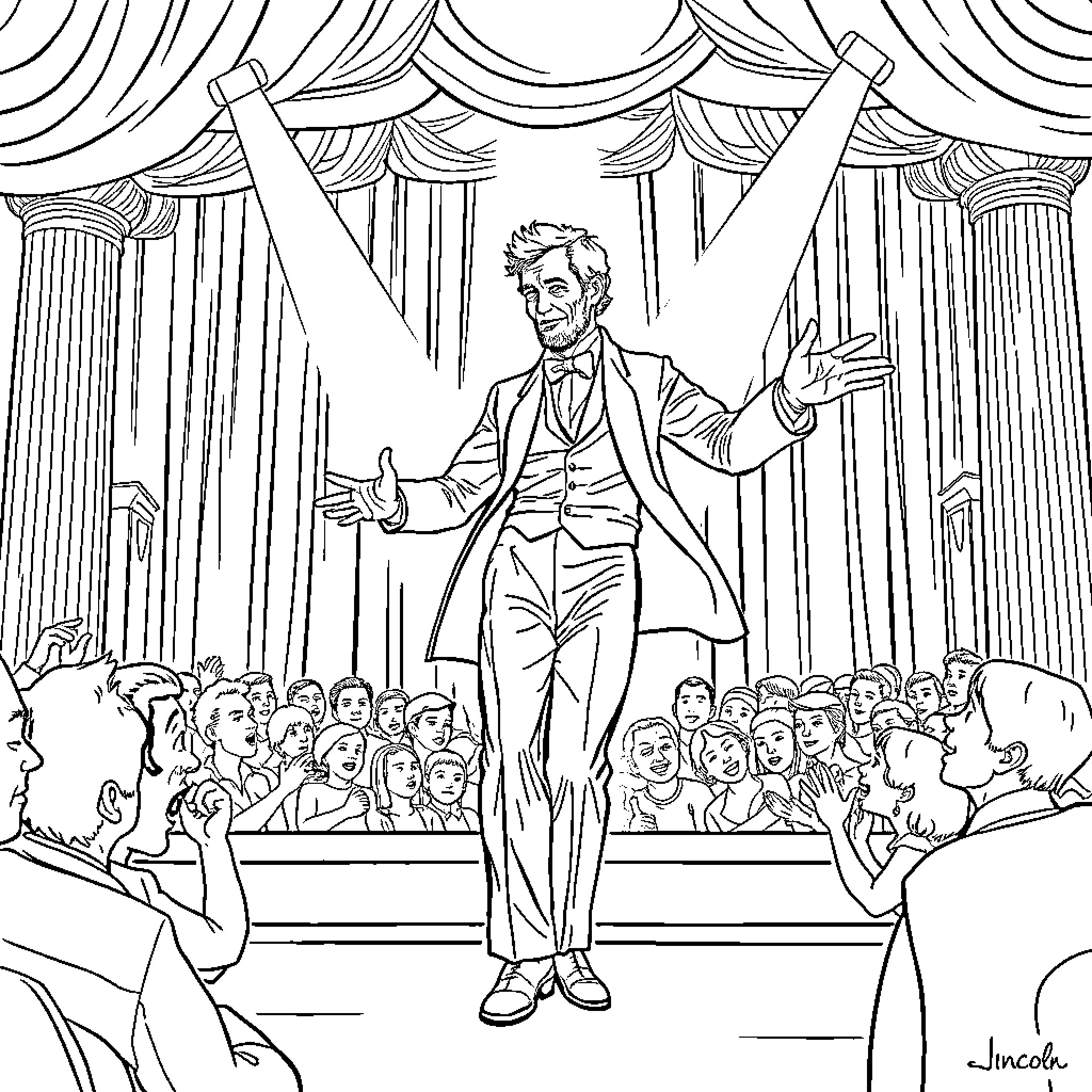 Abraham Lincoln Addressing the Crowd Coloring Page (free black-and-white line drawing printable PDF for all, from beginners to advanced learners, including children, teens, adults, and seniors)