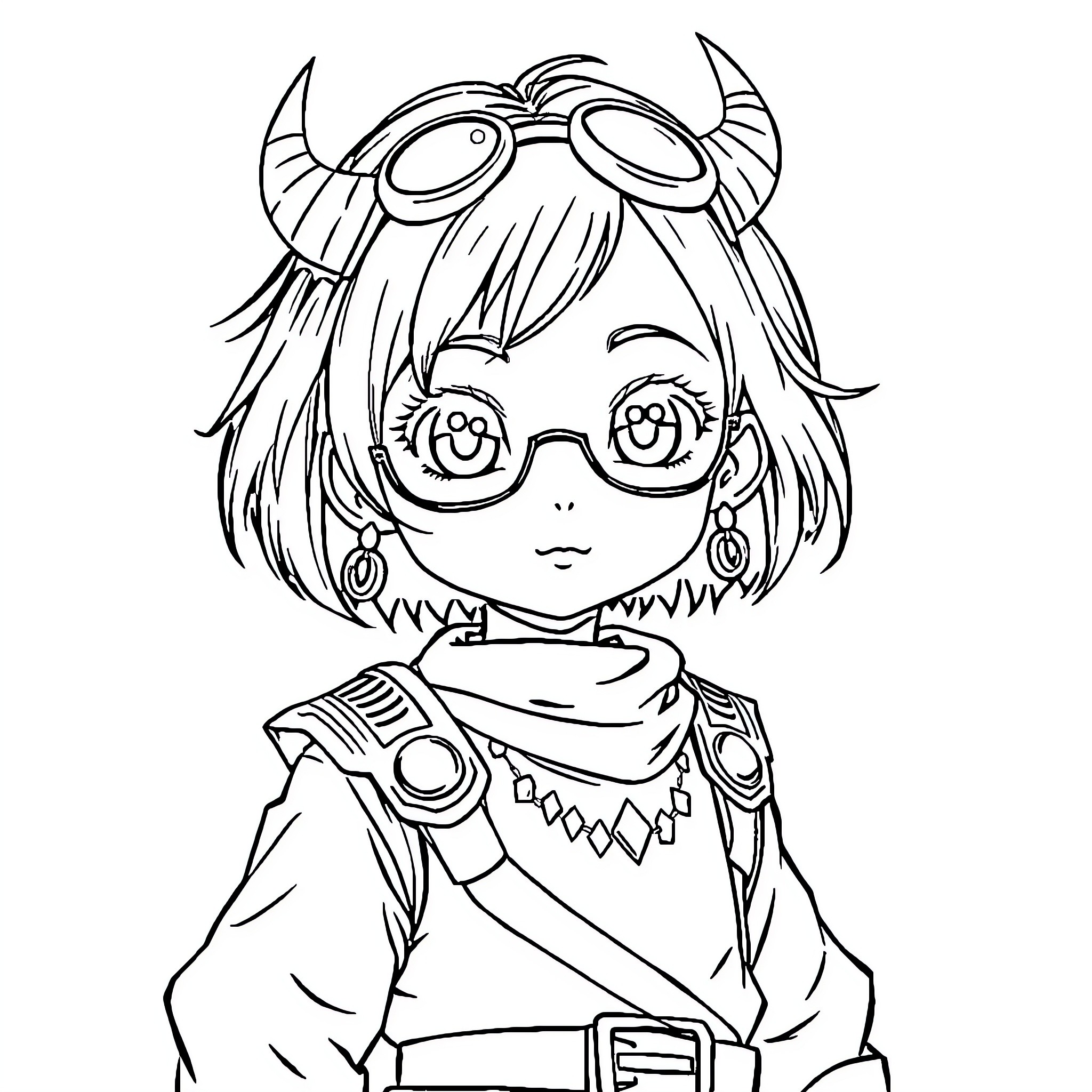 Girl with whimsical accessories and cheerful expression Coloring Page (free black-and-white line drawing printable PDF for all, from beginners to advanced learners, including children, teens, adults, and seniors)