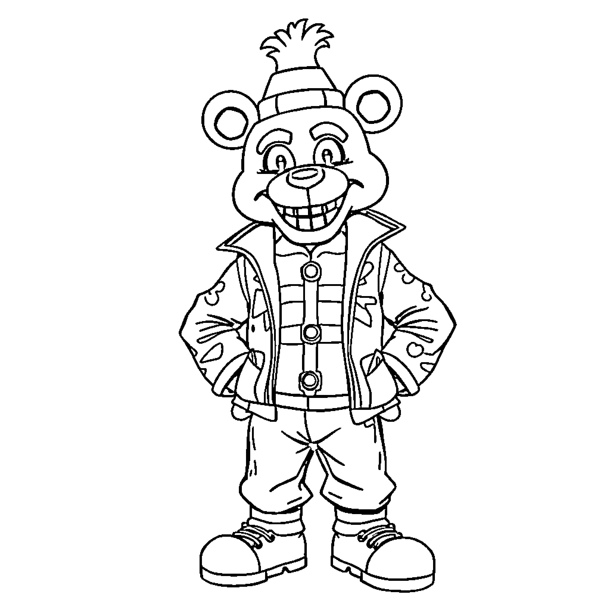 Freddy Fazbear in Costume with Friendly Expression Coloring Page (free black-and-white line drawing printable PDF for all, from beginners to advanced learners, including children, teens, adults, and seniors)