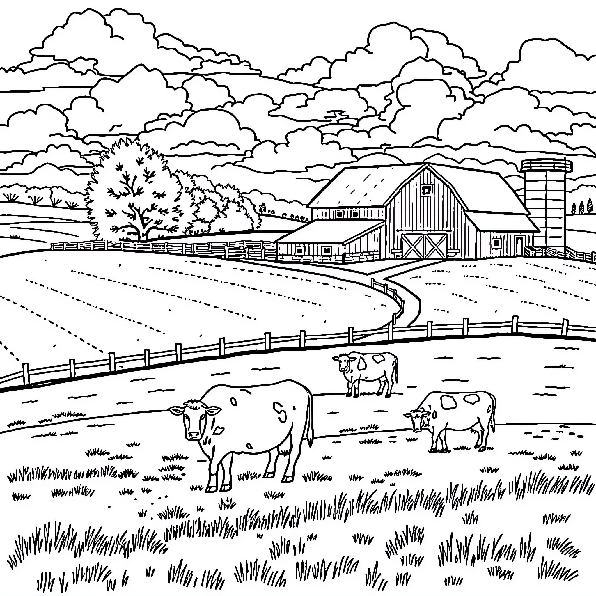 Farm scene with barn, cows, and countryside landscape Coloring Page (free black-and-white line drawing printable PDF for all, from beginners to advanced learners, including children, teens, adults, and seniors)