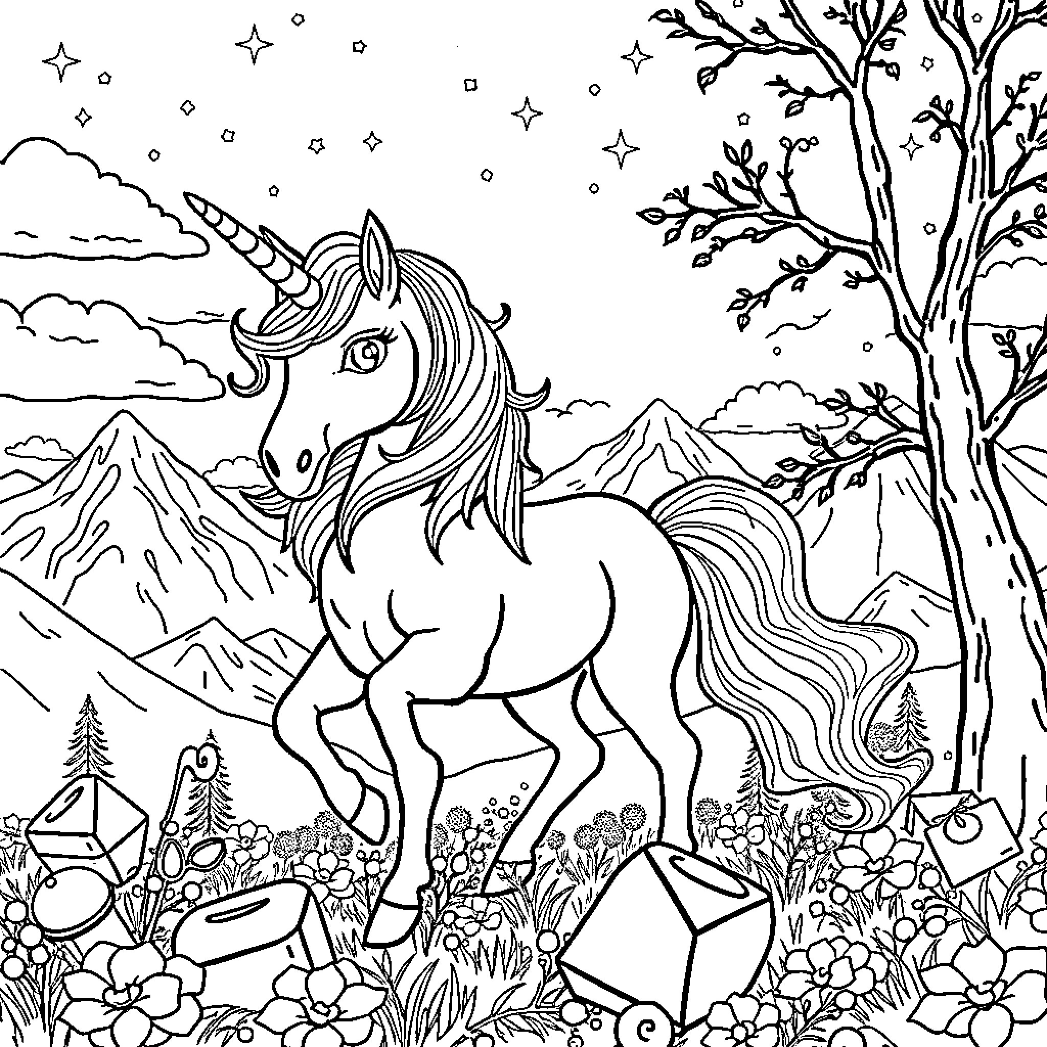 Unicorn Enchanted Forest Adventure Coloring Page (free black-and-white line drawing printable PDF for all, from beginners to advanced learners, including children, teens, adults, and seniors)
