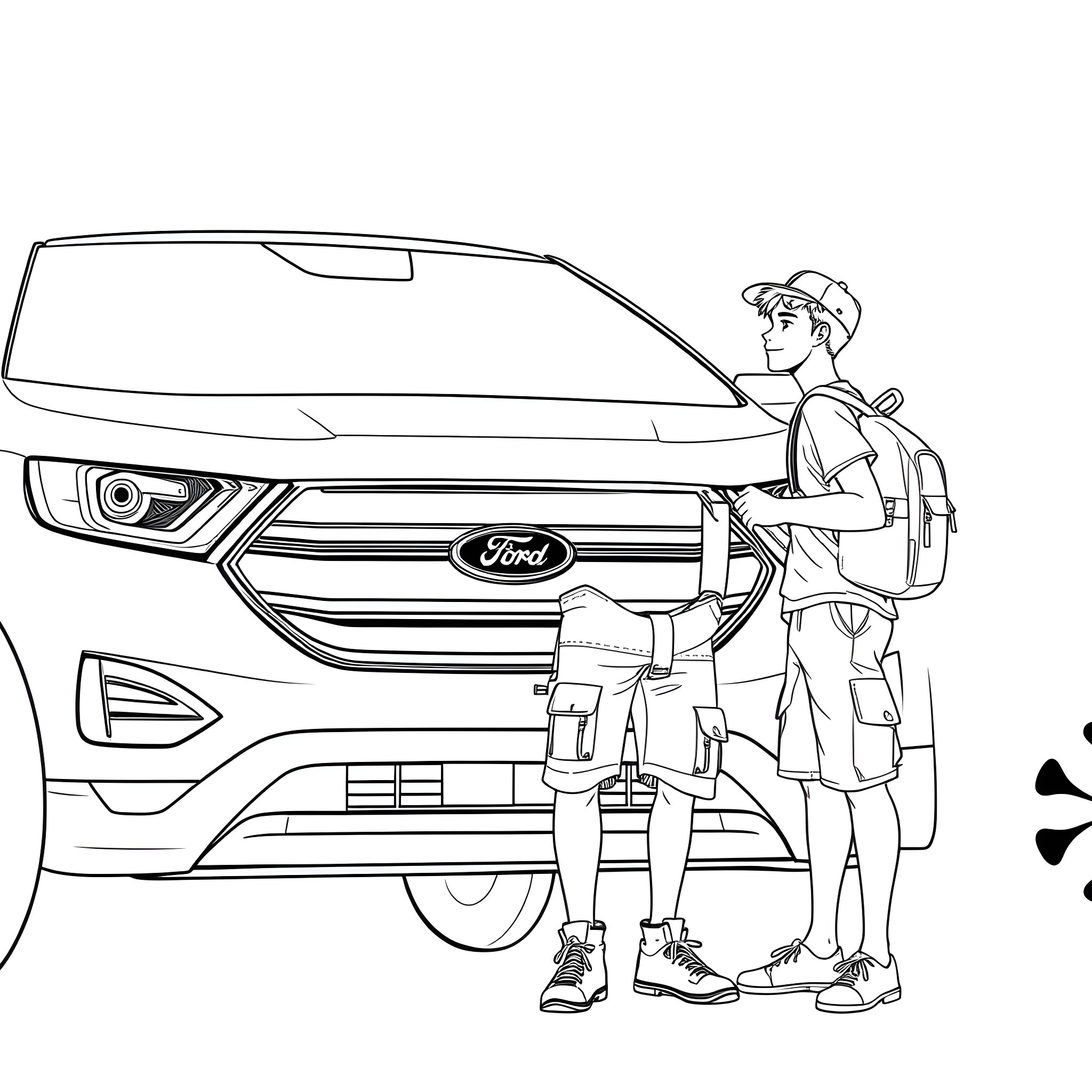Teen Guy Inspecting Car with Backpack Coloring Page (free black-and-white line drawing printable PDF for all, from beginners to advanced learners, including children, teens, adults, and seniors)