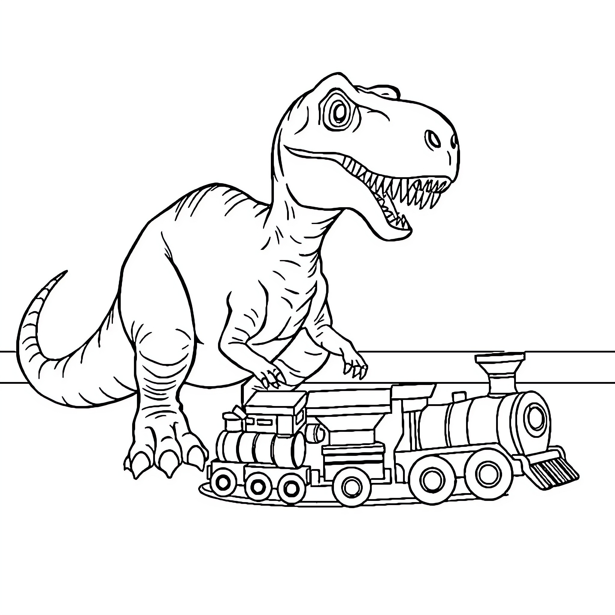 T-Rex playing with toy train on tracks Coloring Page (free black-and-white line drawing printable PDF for all, from beginners to advanced learners, including children, teens, adults, and seniors)