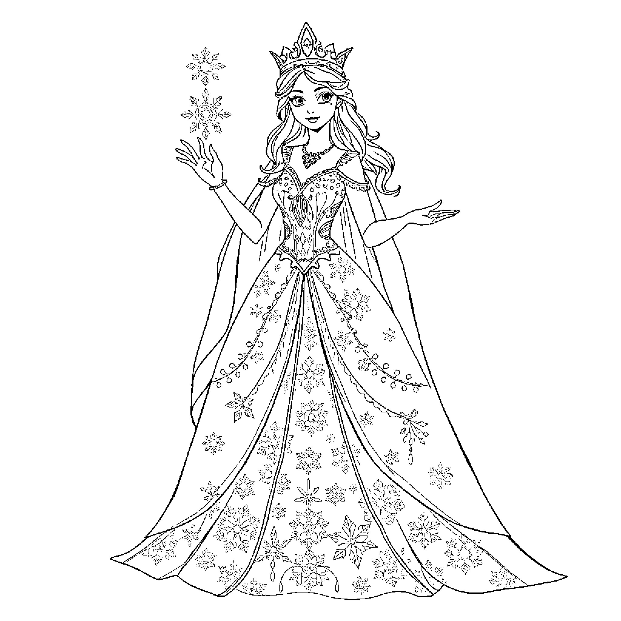 Snow Queen in Enchanting Winter Dress Coloring Page (free black-and-white line drawing printable PDF for all, from beginners to advanced learners, including children, teens, adults, and seniors)