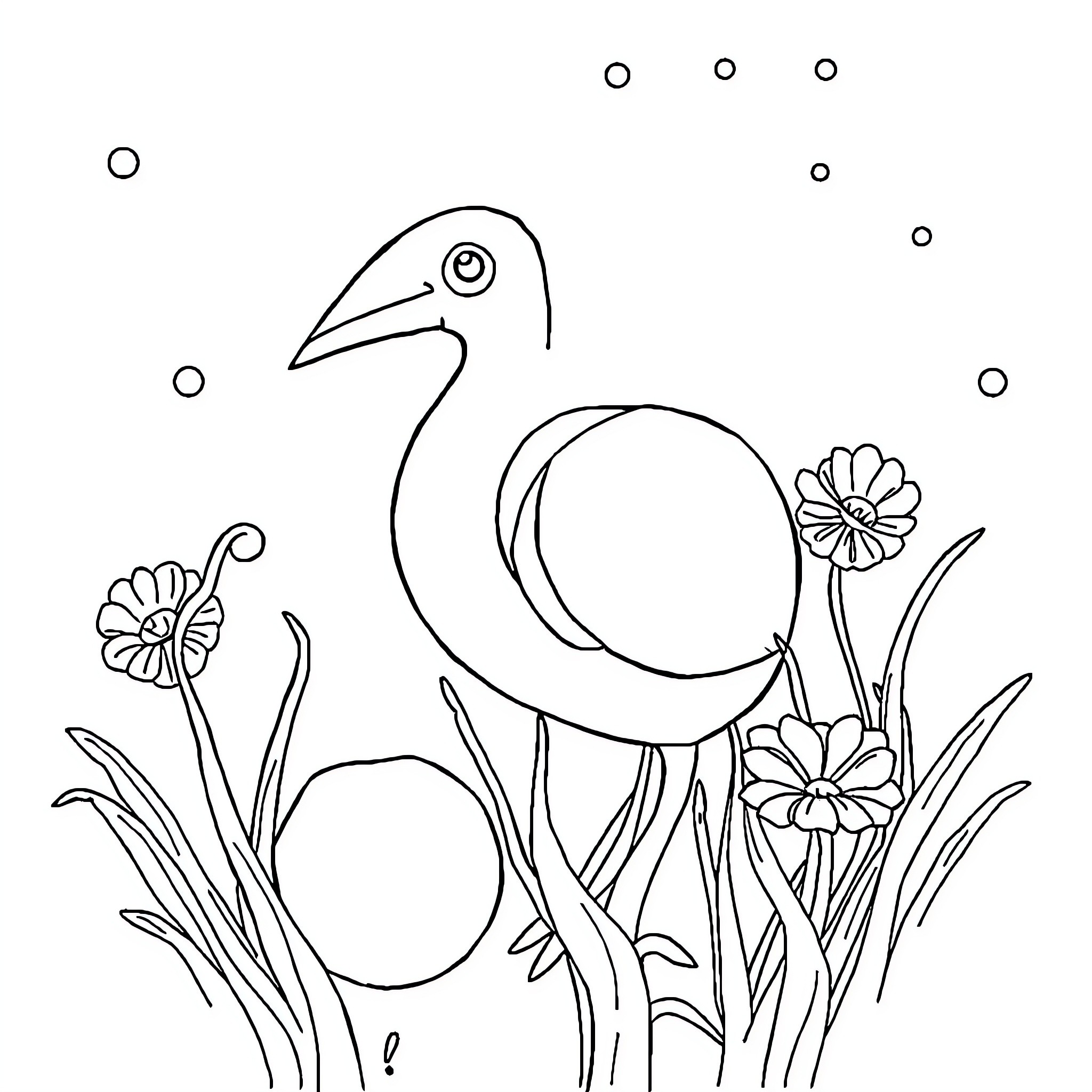 Cylindrical bird amongst floral landscape Coloring Page (free black-and-white line drawing printable PDF for all, from beginners to advanced learners, including children, teens, adults, and seniors)