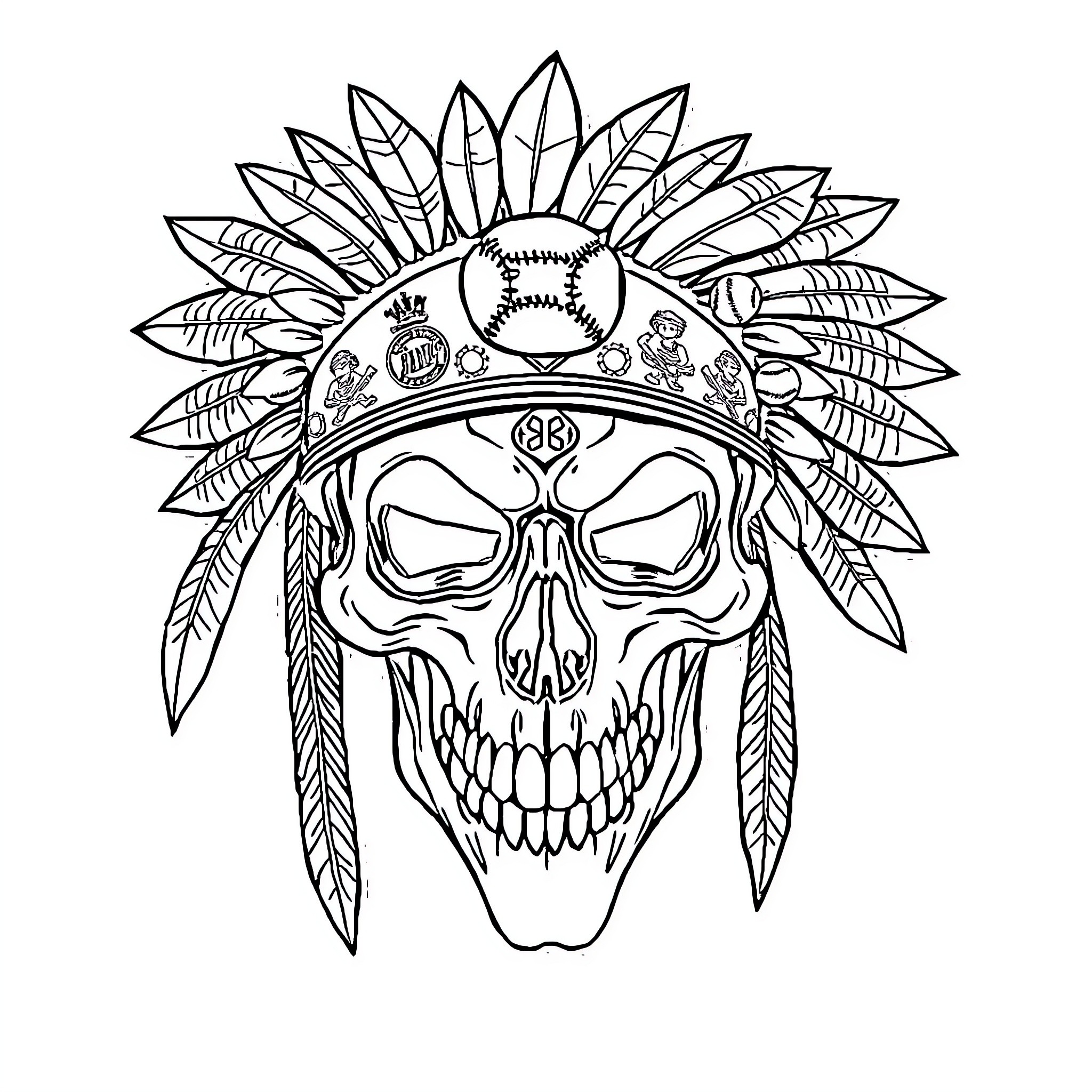 Skull in Feathered Native American Headdress Coloring Page (free black-and-white line drawing printable PDF for all, from beginners to advanced learners, including children, teens, adults, and seniors)