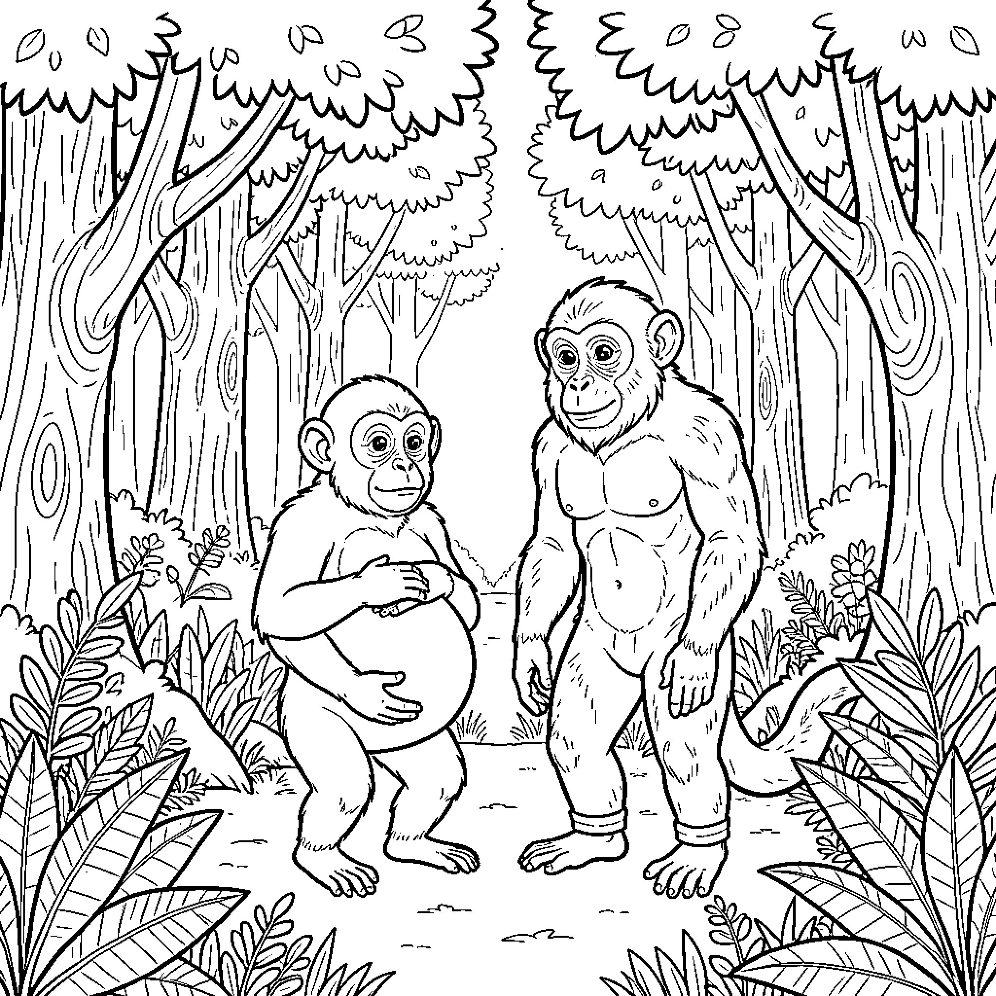 Singe standing together in a lush forest scene Coloring Page (free black-and-white line drawing printable PDF for all, from beginners to advanced learners, including children, teens, adults, and seniors)