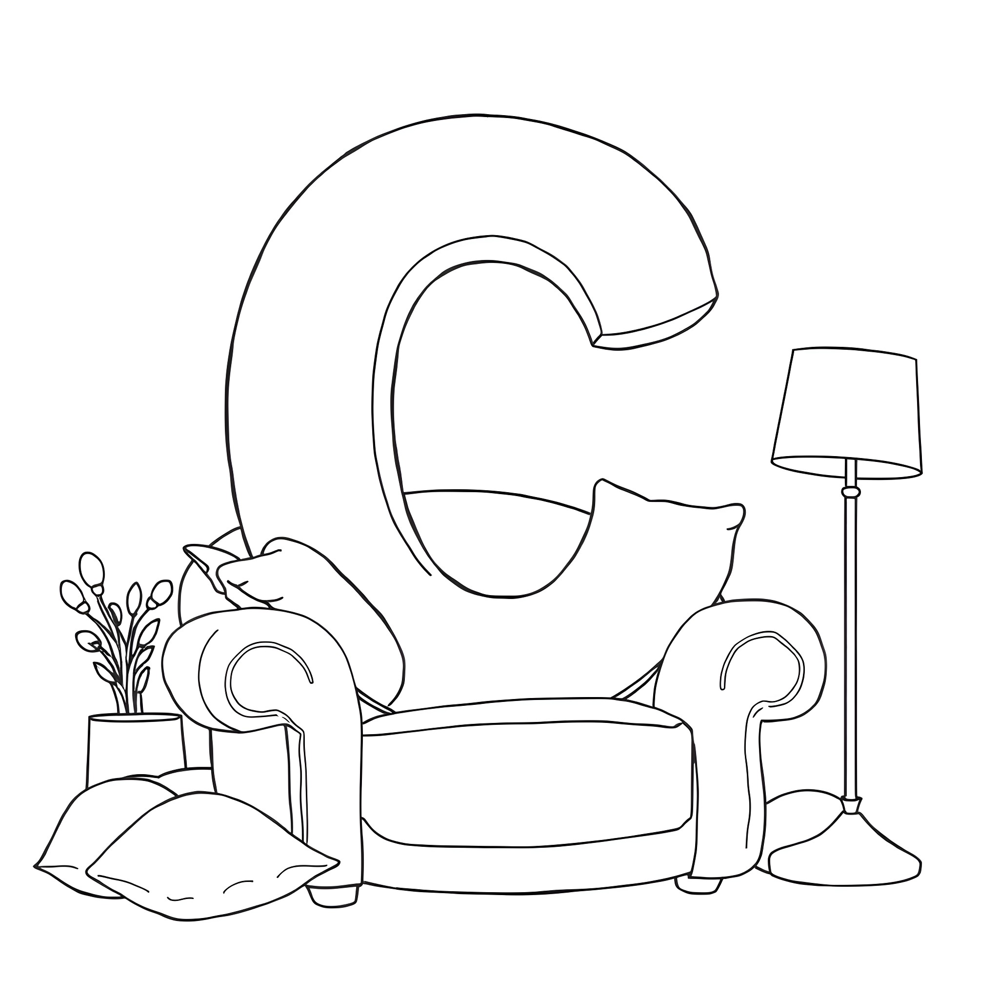 Letter C - Cozy living room scene Coloring Page (free black-and-white line drawing printable PDF for all, from beginners to advanced learners, including children, teens, adults, and seniors)