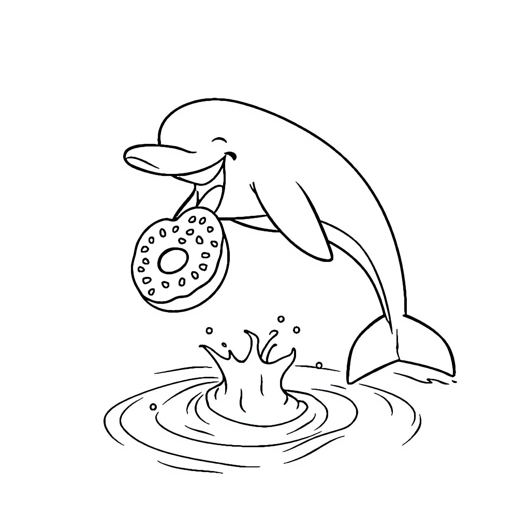 Dolphin playing with a colorful ring in the water Coloring Page (free black-and-white line drawing printable PDF for all, from beginners to advanced learners, including children, teens, adults, and seniors)
