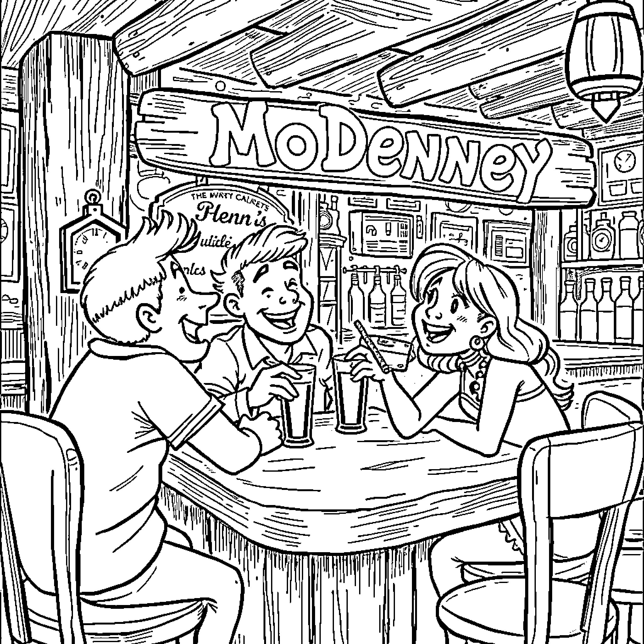Letterkenney Pub Scene with Friendly Conversation Coloring Page (free black-and-white line drawing printable PDF for all, from beginners to advanced learners, including children, teens, adults, and seniors)